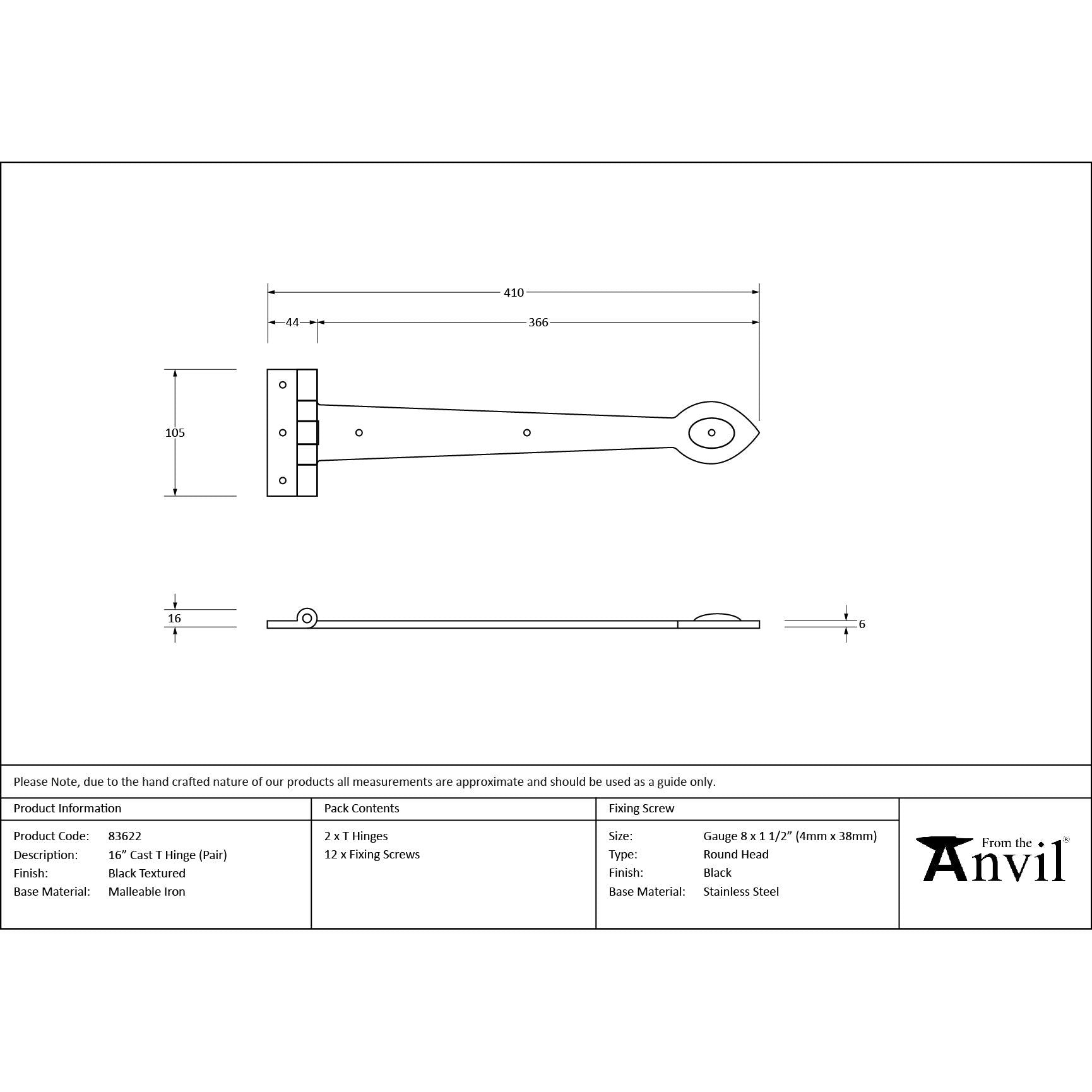 Black Textured 16" Cast T Hinge (pair) | From The Anvil - T Hinges - From The Anvil - Yester Home