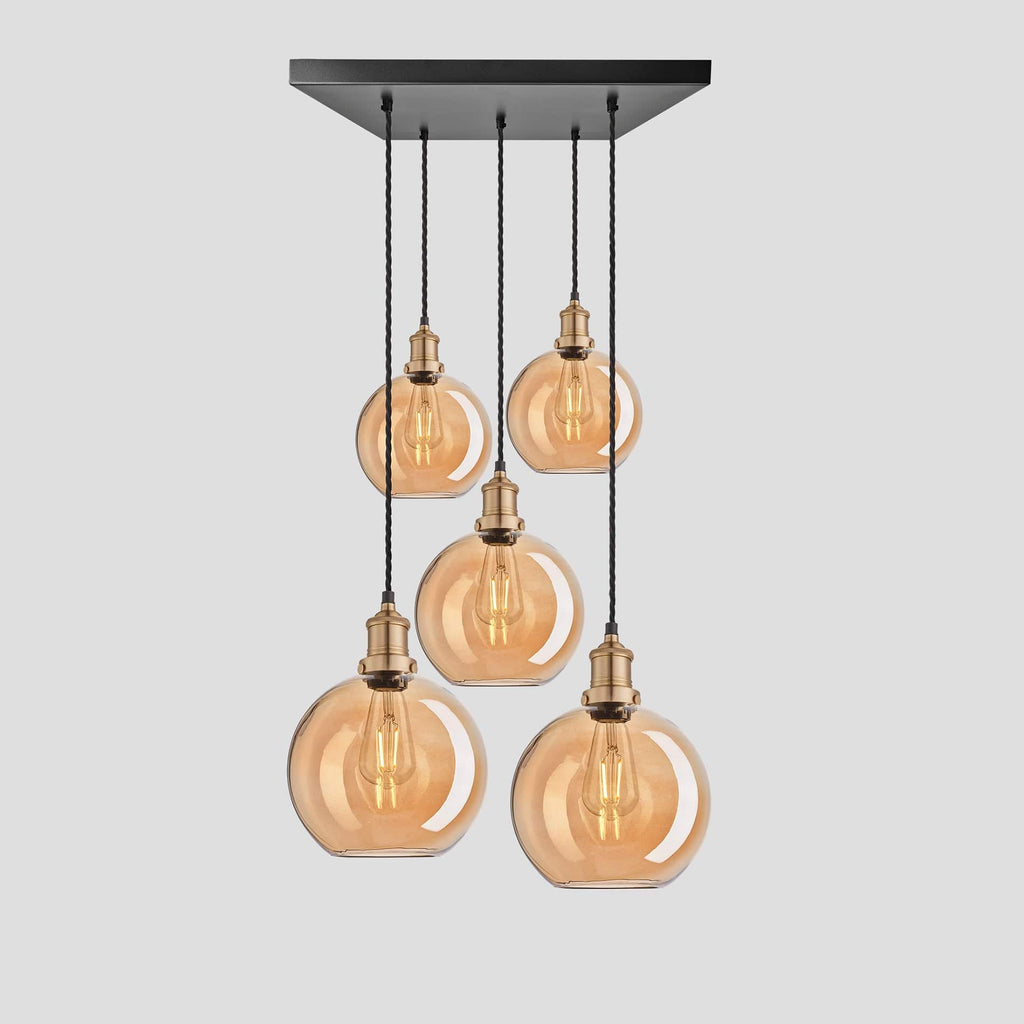 Brooklyn Tinted Glass Globe 5 Wire Square Cluster Lights - 9 inch - Amber-Ceiling Lights-Yester Home