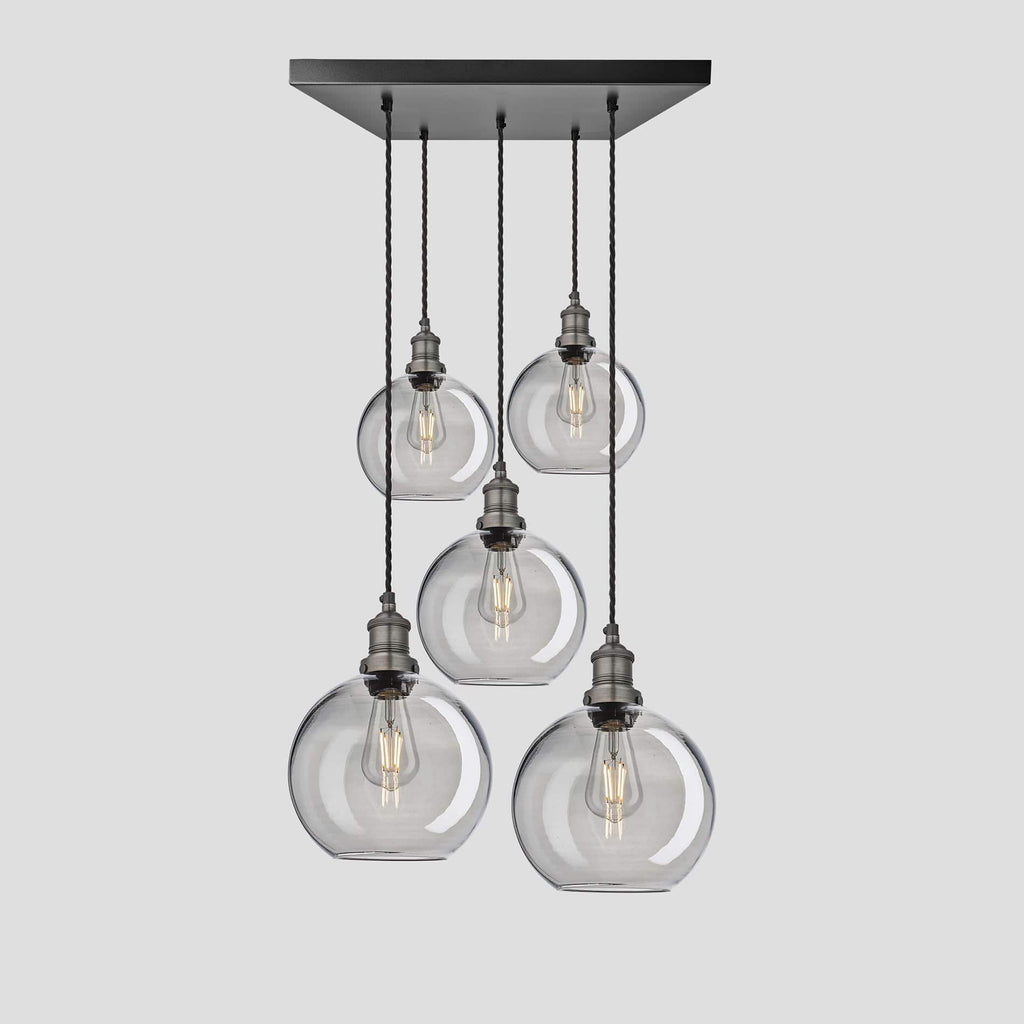 Brooklyn Tinted Glass Globe 5 Wire Square Cluster Lights - 9 inch - Smoke Grey-Ceiling Lights-Yester Home