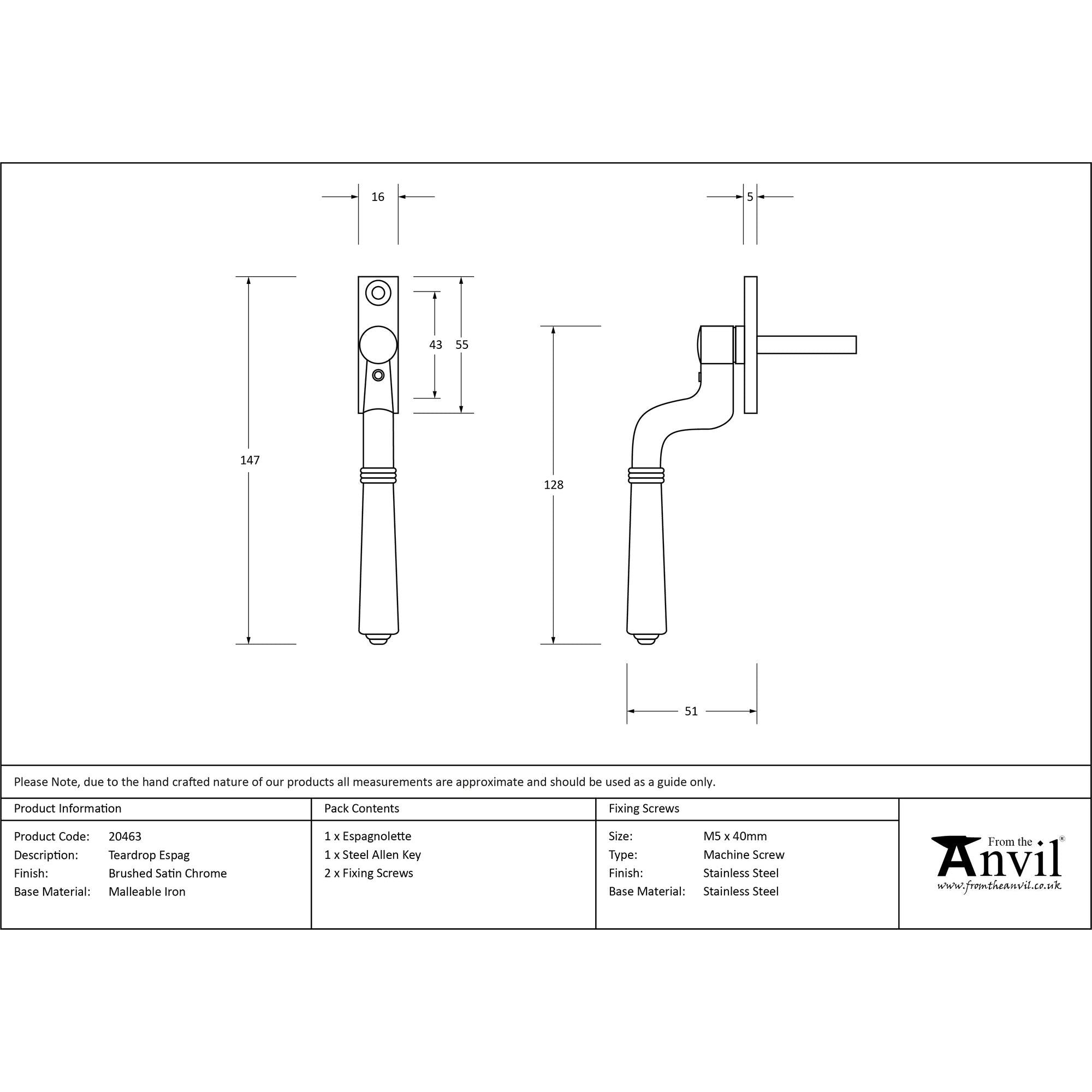 Brushed Satin Chrome Teardrop Espag | From The Anvil - Espag. Fasteners - From The Anvil - Yester Home