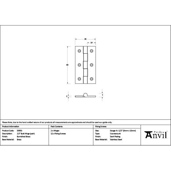 Burnished Brass 2.5" Butt Hinge (pair) - Butt Hinges - From The Anvil - Yester Home