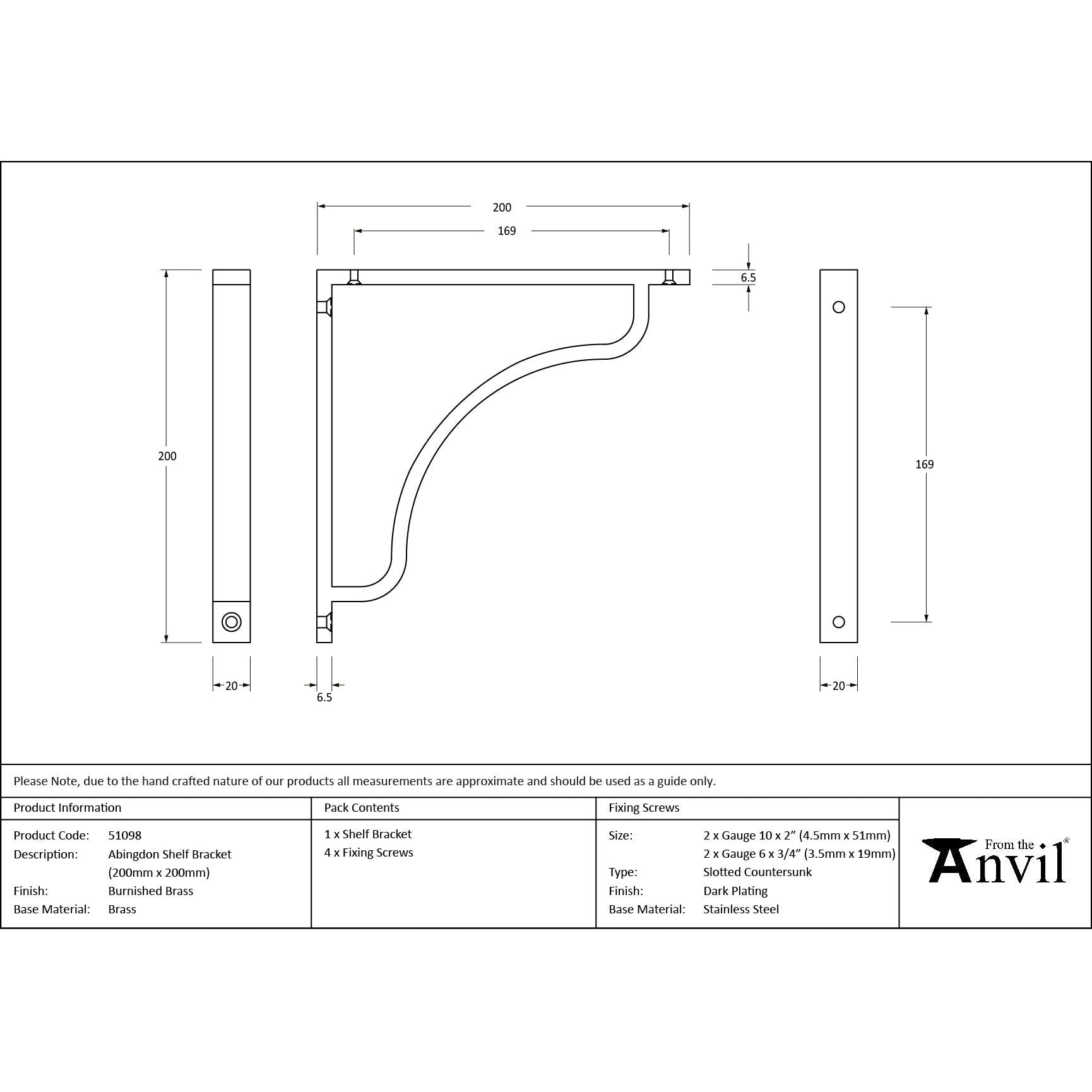 Burnished Brass Abingdon Shelf Bracket (200mm x 200mm) - Shelf Brackets - From The Anvil - Yester Home