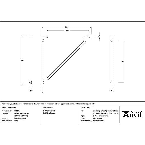 Burnished Brass Barton Shelf Bracket (200mm x 200mm) - Shelf Brackets - From The Anvil - Yester Home