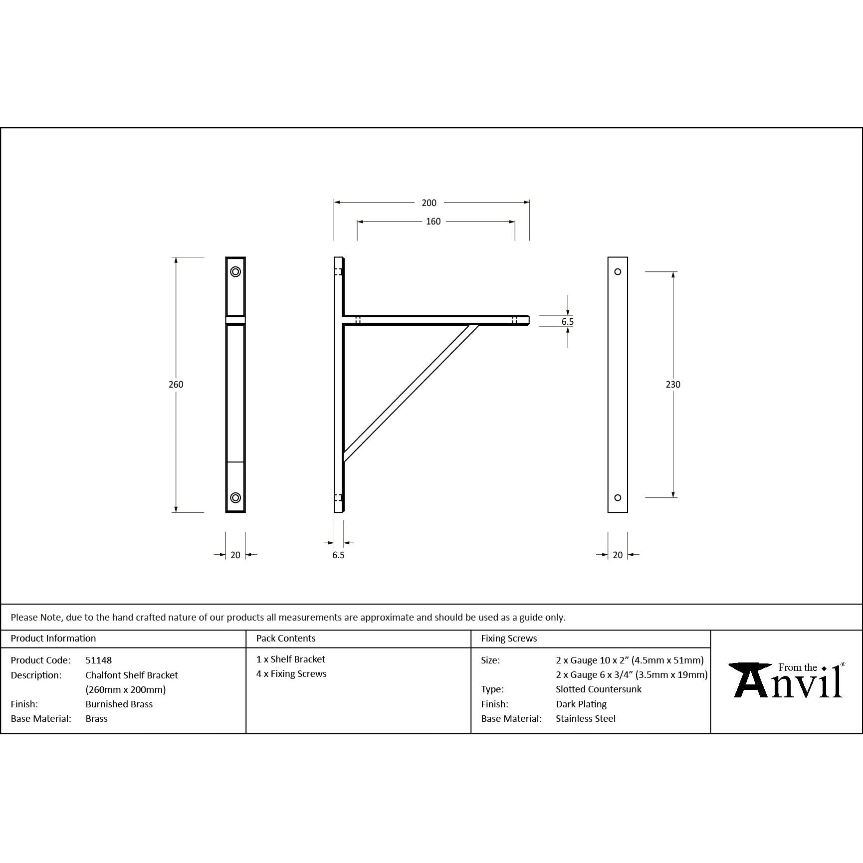 Burnished Brass Chalfont Shelf Bracket (260mm x 200mm) - Shelf Brackets - From The Anvil - Yester Home