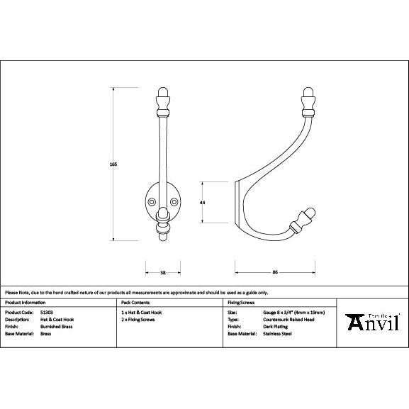 Burnished Brass Hat & Coat Hook - Coat Hooks - From The Anvil - Yester Home