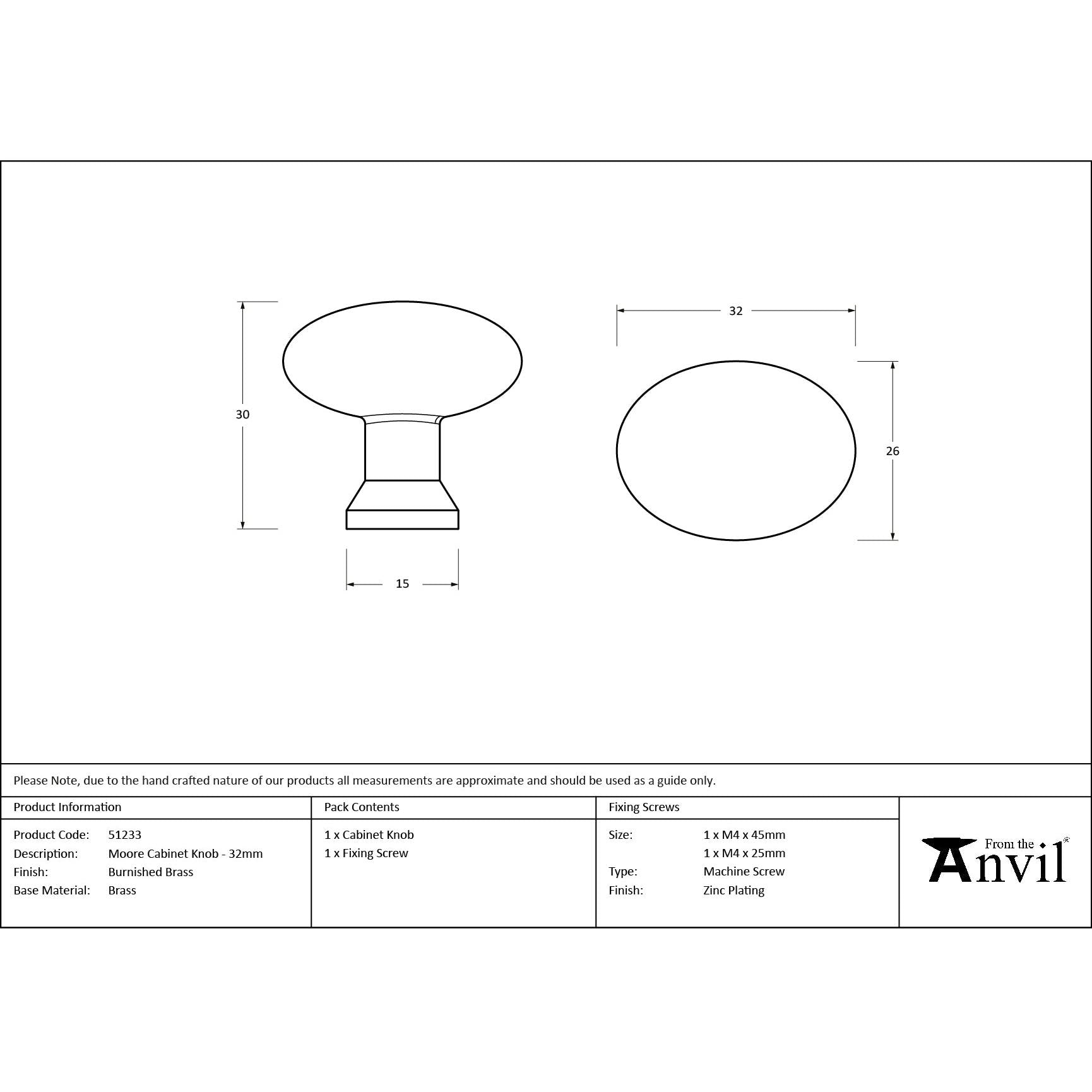 Burnished Brass Moore Cabinet Knob - 32mm - Cabinet Knobs - From The Anvil - Yester Home