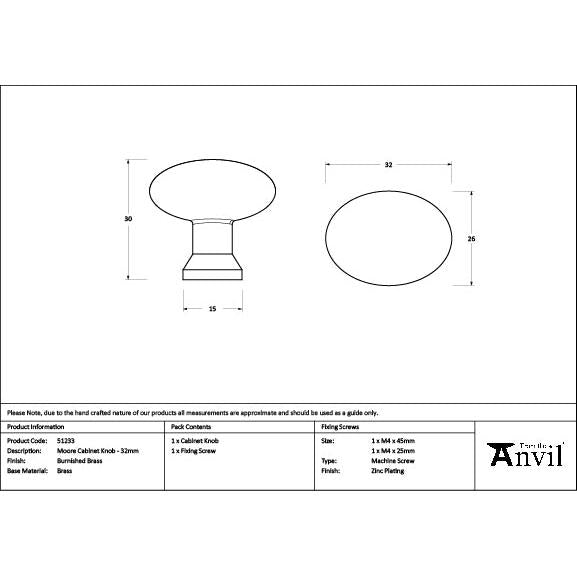 Burnished Brass Moore Cabinet Knob - 32mm - Cabinet Knobs - From The Anvil - Yester Home