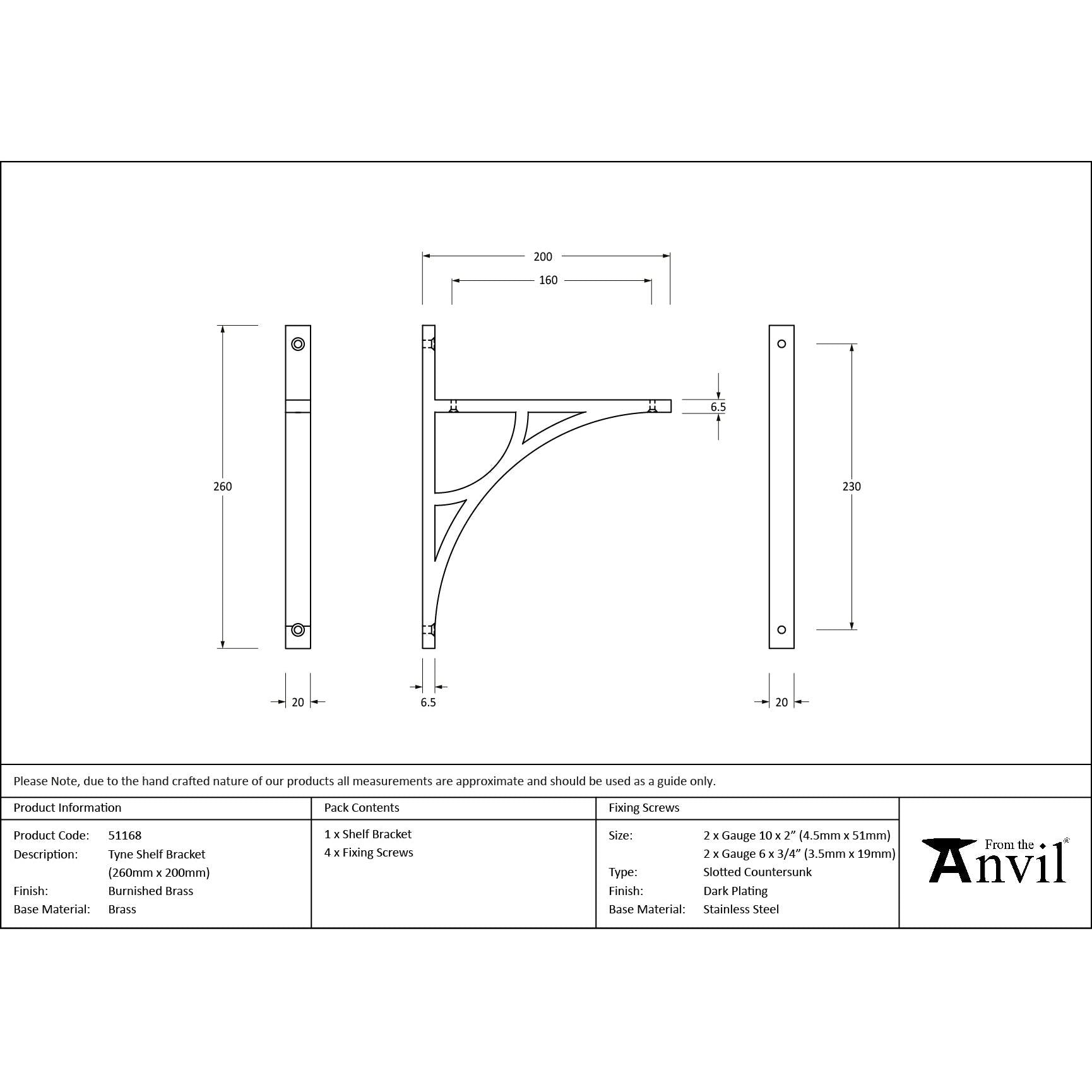 Burnished Brass Tyne Shelf Bracket (260mm x 200mm) - Shelf Brackets - From The Anvil - Yester Home
