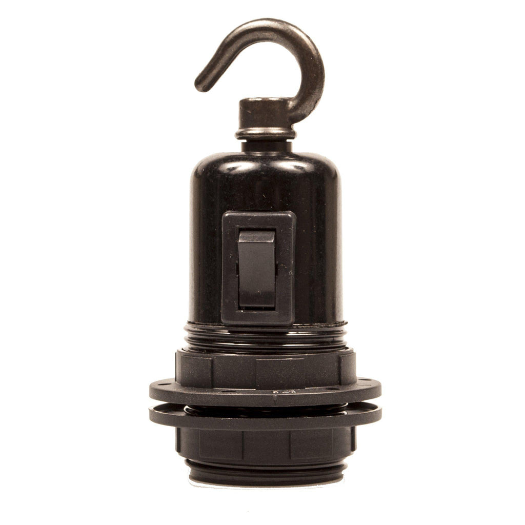 E27 Switched Black Bakelite Wide Ring Lampholder with hook-Lampholders-Yester Home