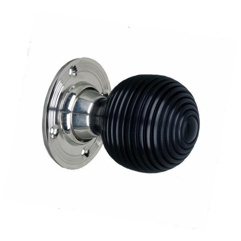 Ebony Beehive Rim/Mortice Door Knob Polished Nickel-Rim Door Knobs-Yester Home