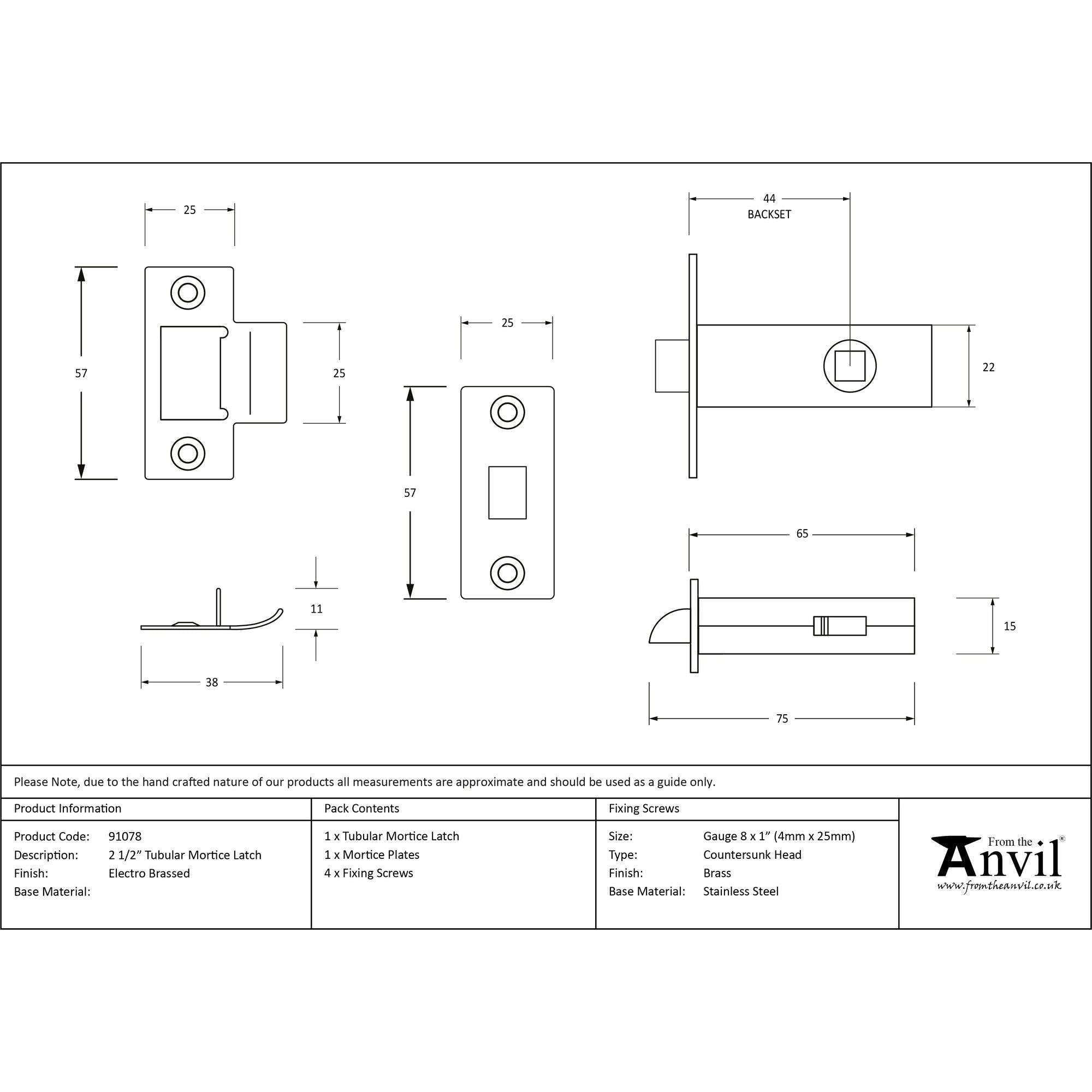Electro Brassed 2½" Tubular Mortice Latch | From The Anvil - Latches - From The Anvil - Yester Home
