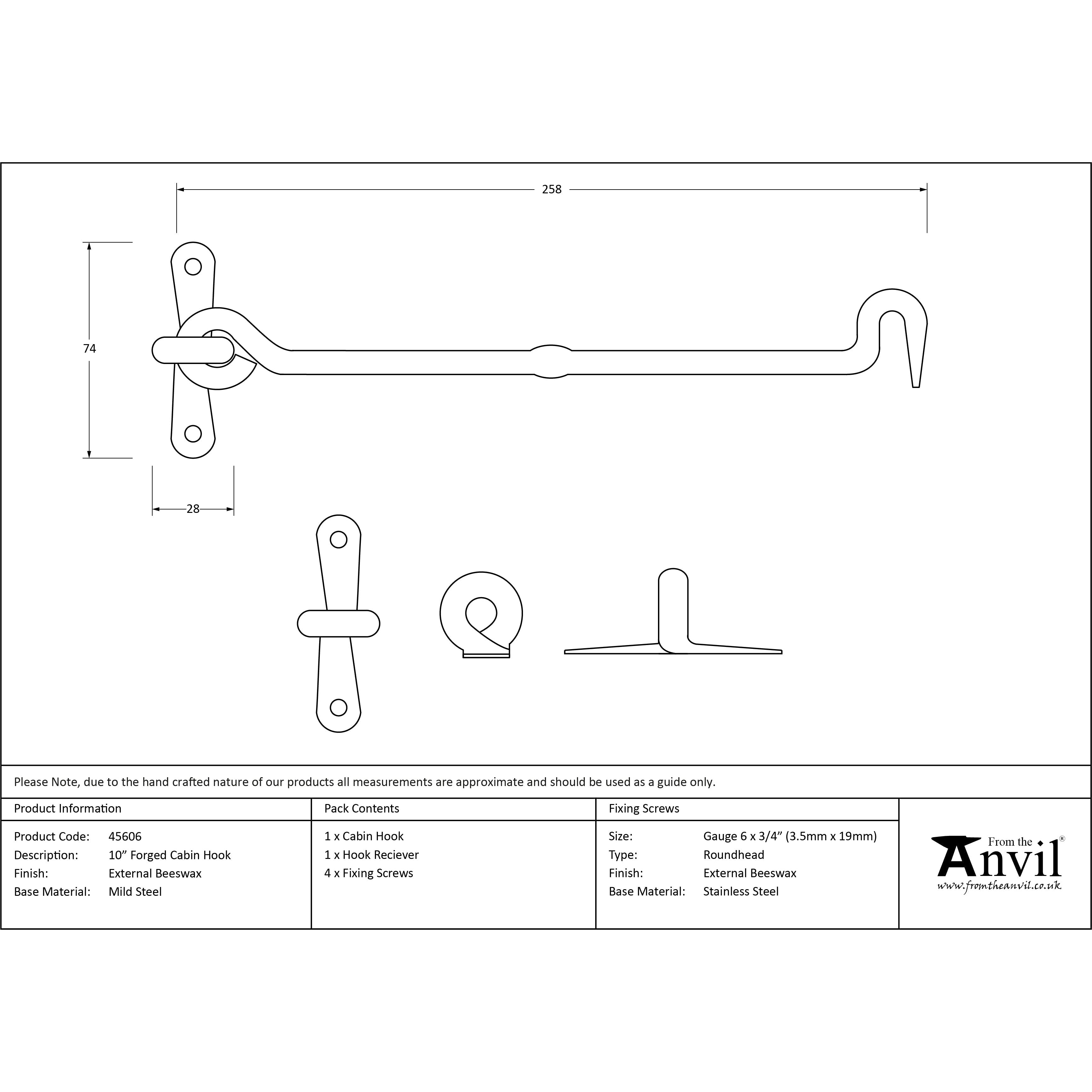 External Beeswax 10" Forged Cabin Hook | From The Anvil-Cabin Hooks-Yester Home