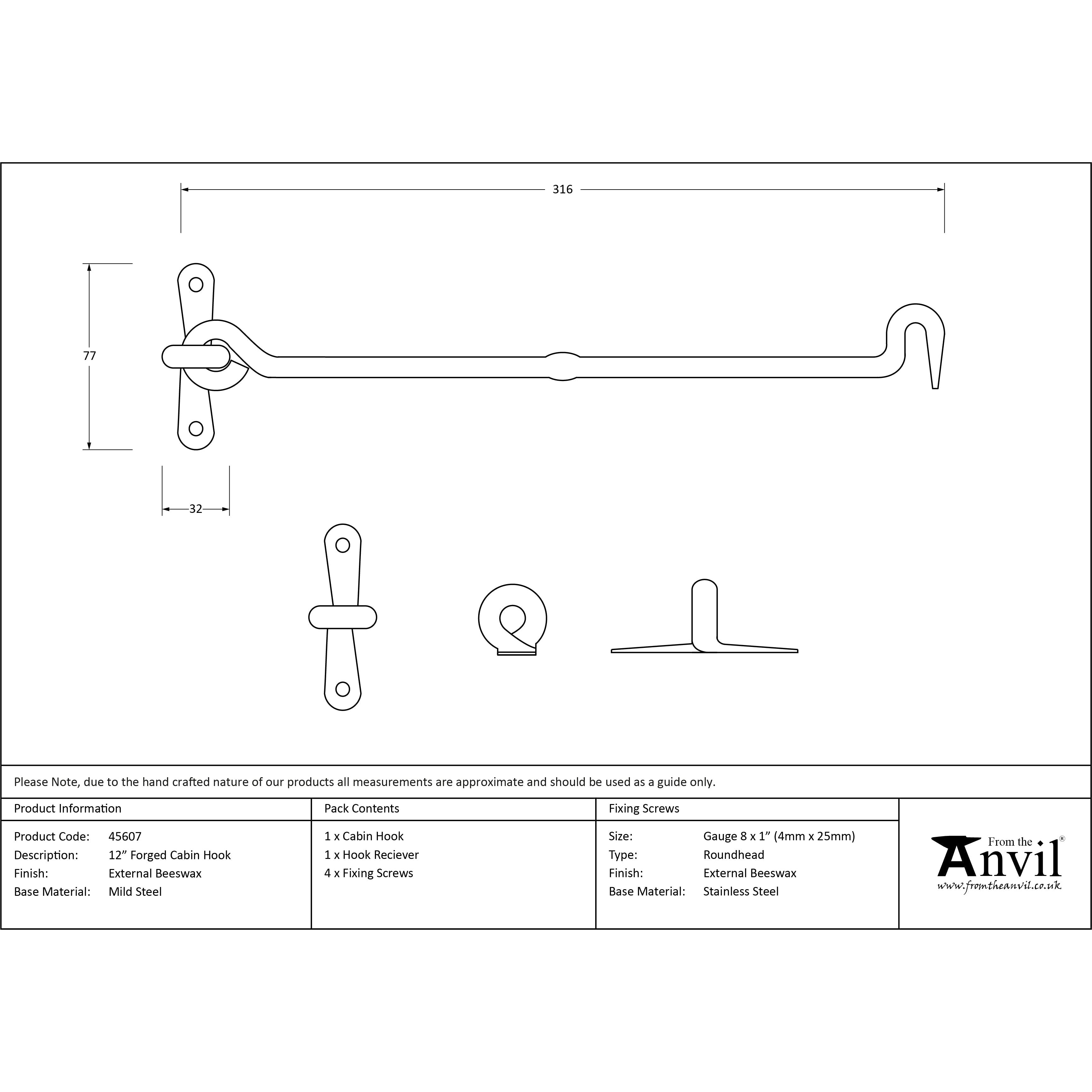 External Beeswax 12" Forged Cabin Hook | From The Anvil-Cabin Hooks-Yester Home