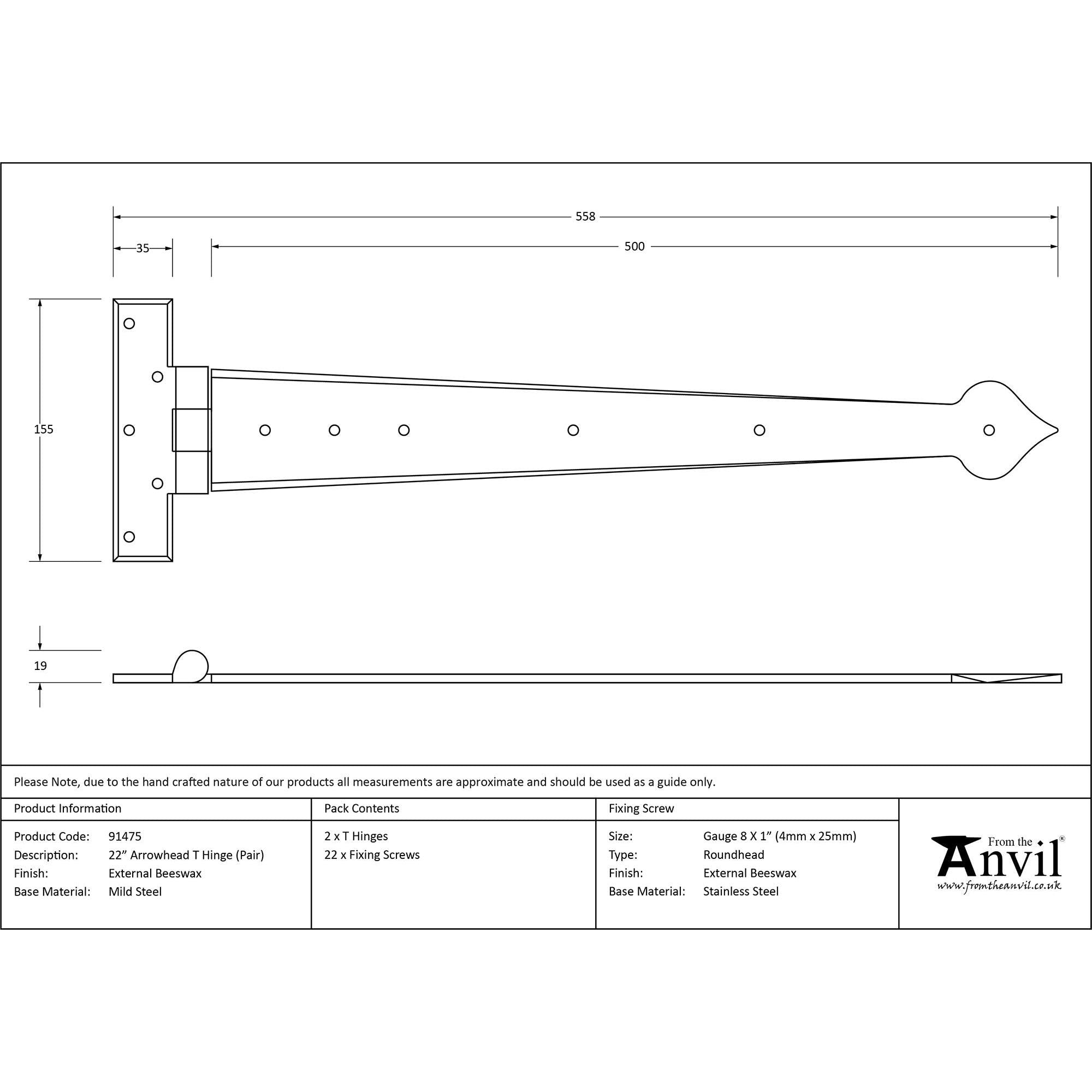 External Beeswax 22" Arrow Head T Hinge (pair) | From The Anvil - T Hinges - From The Anvil - Yester Home