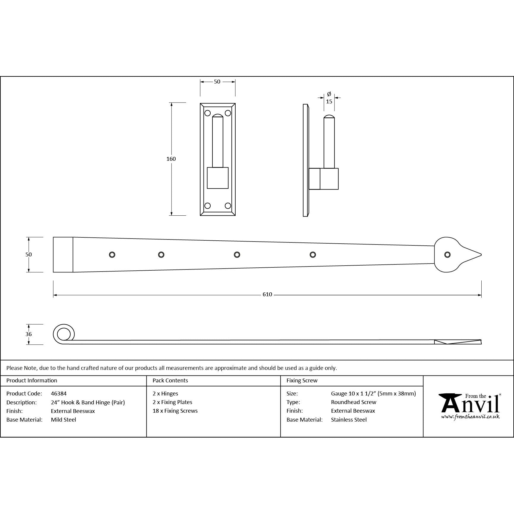 External Beeswax 24" Hook & Band Hinge (pair) | From The Anvil - Hook & Band Hinges - From The Anvil - Yester Home