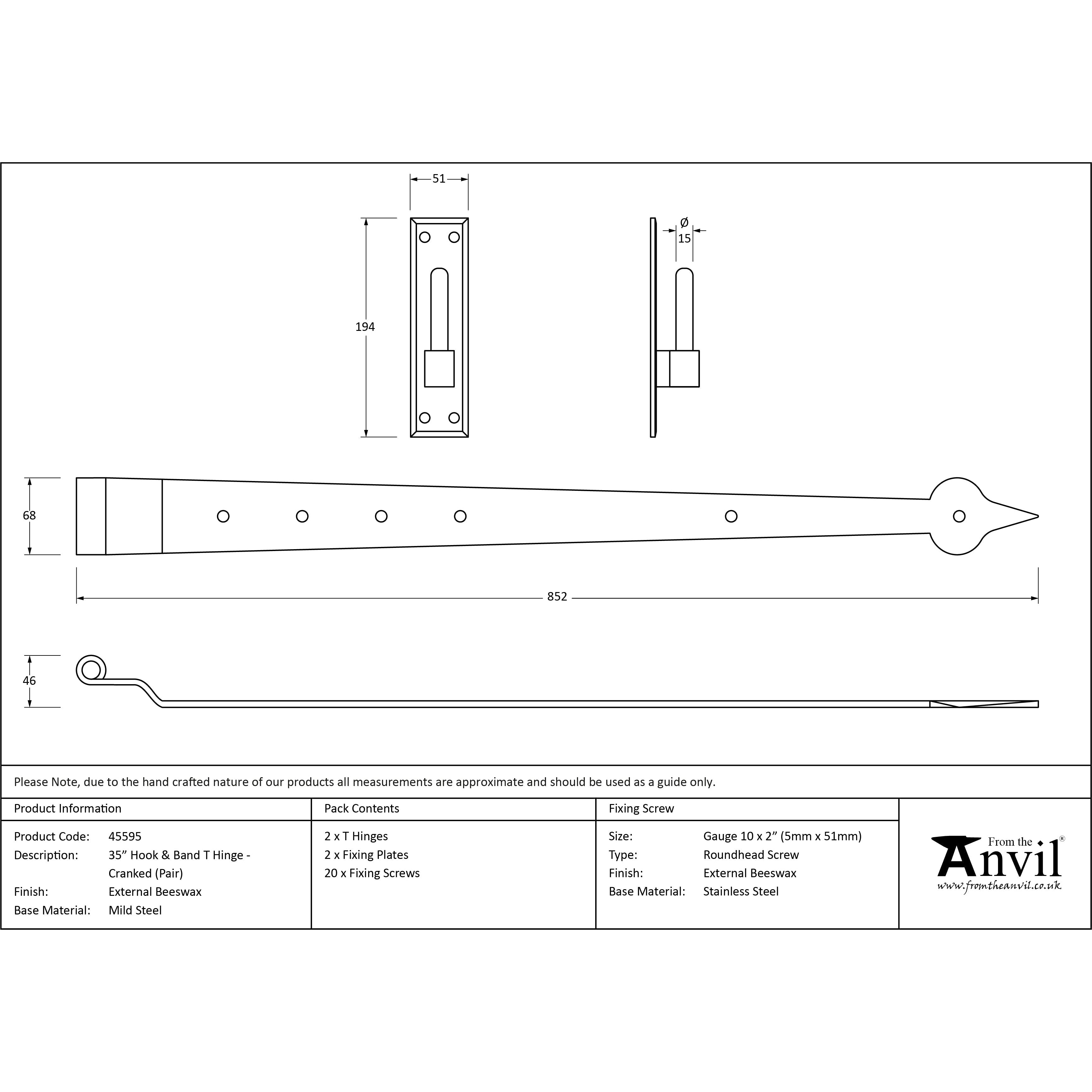 External Beeswax 35" Hook & Band Hinge - Cranked (pair) | From The Anvil-Hook & Band Hinges-Yester Home
