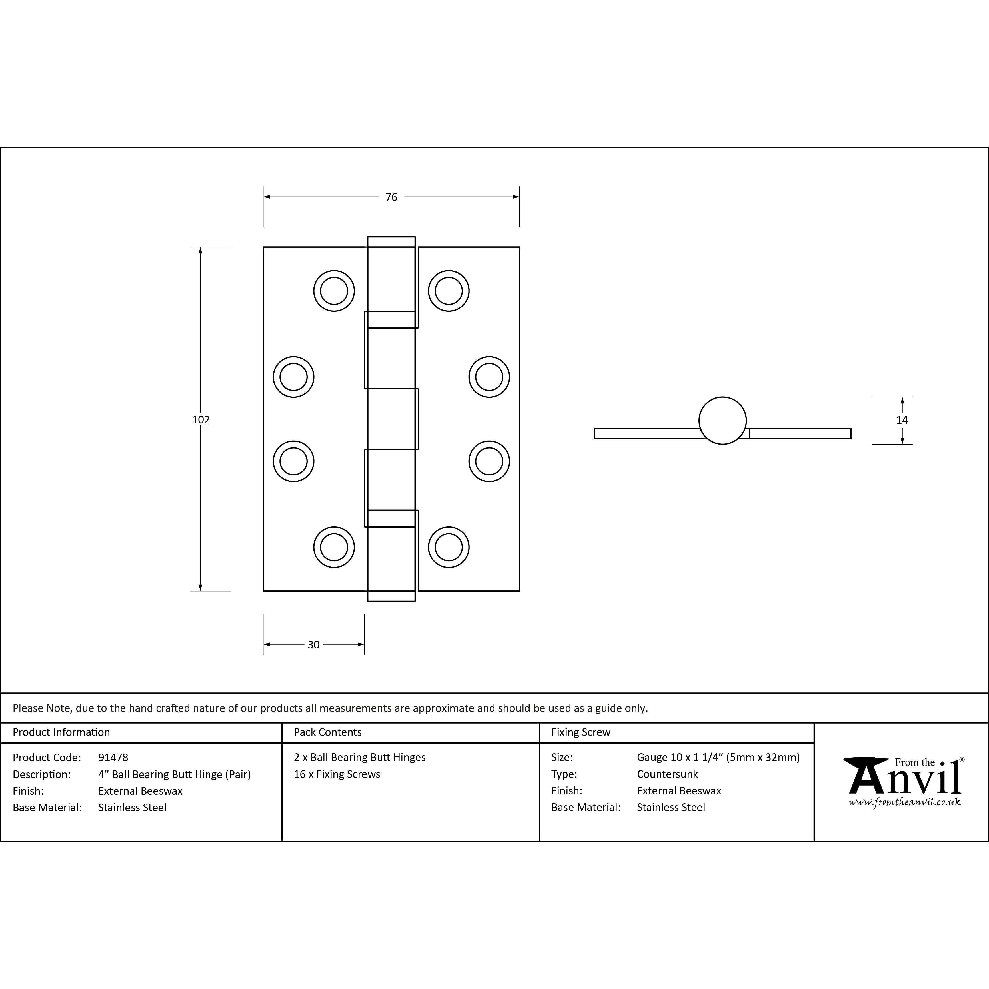 External Beeswax 4" Ball Bearing Butt Hinge (pair) | From The Anvil-Butt Hinges-Yester Home