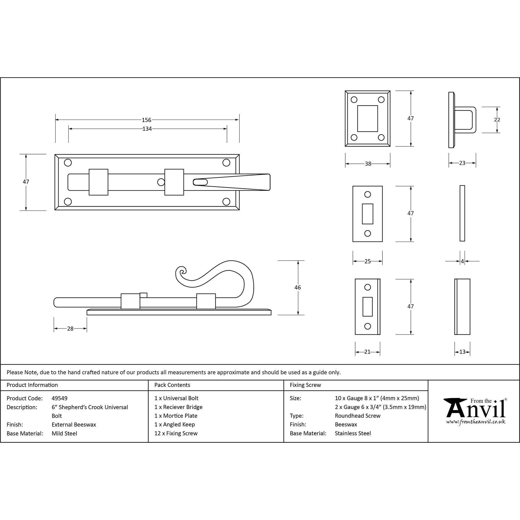 External Beeswax 6" Shepherd's Crook Universal Bolt | From The Anvil - Bolts - From The Anvil - Yester Home