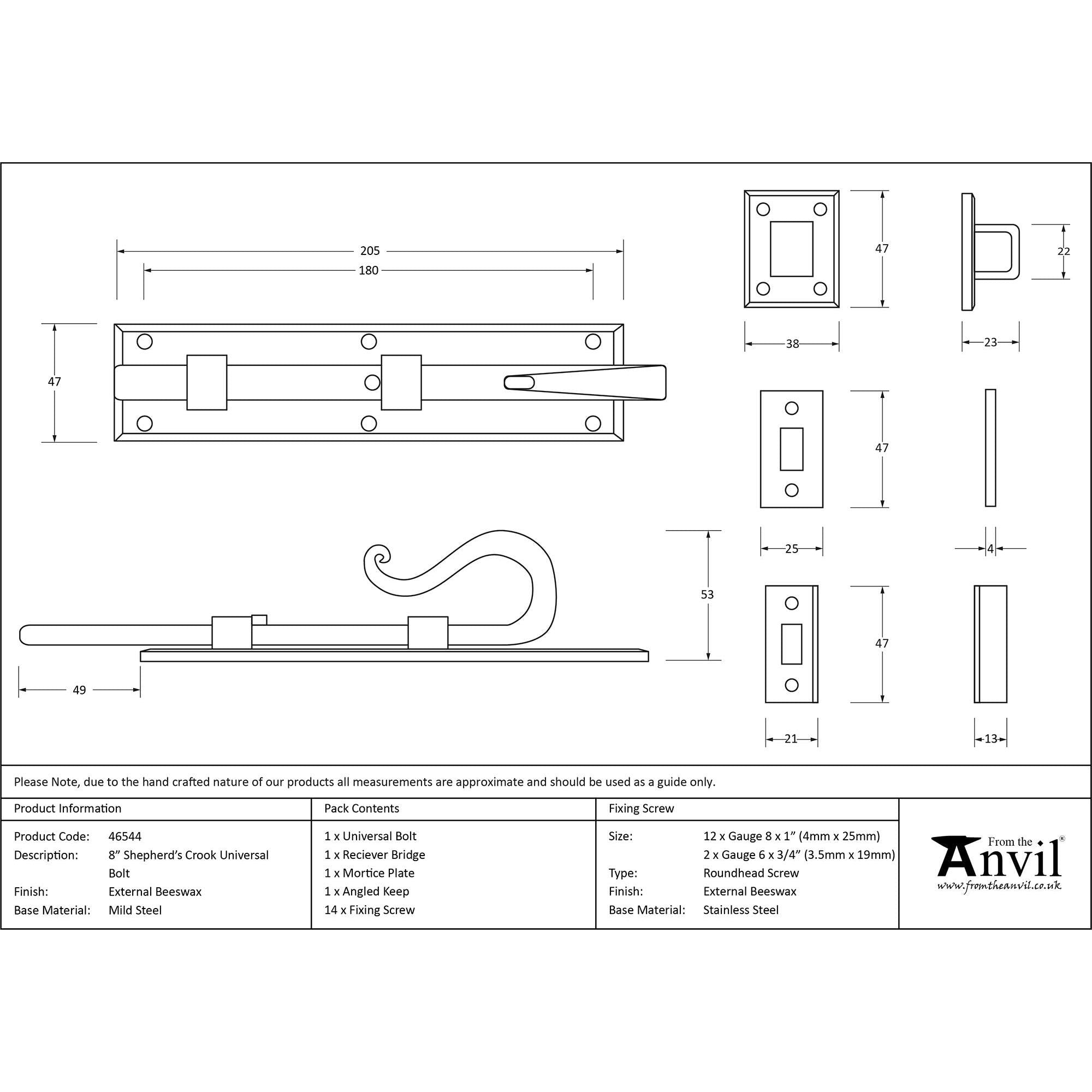 External Beeswax 8" Shepherd's Crook Universal Bolt | From The Anvil - Bolts - From The Anvil - Yester Home