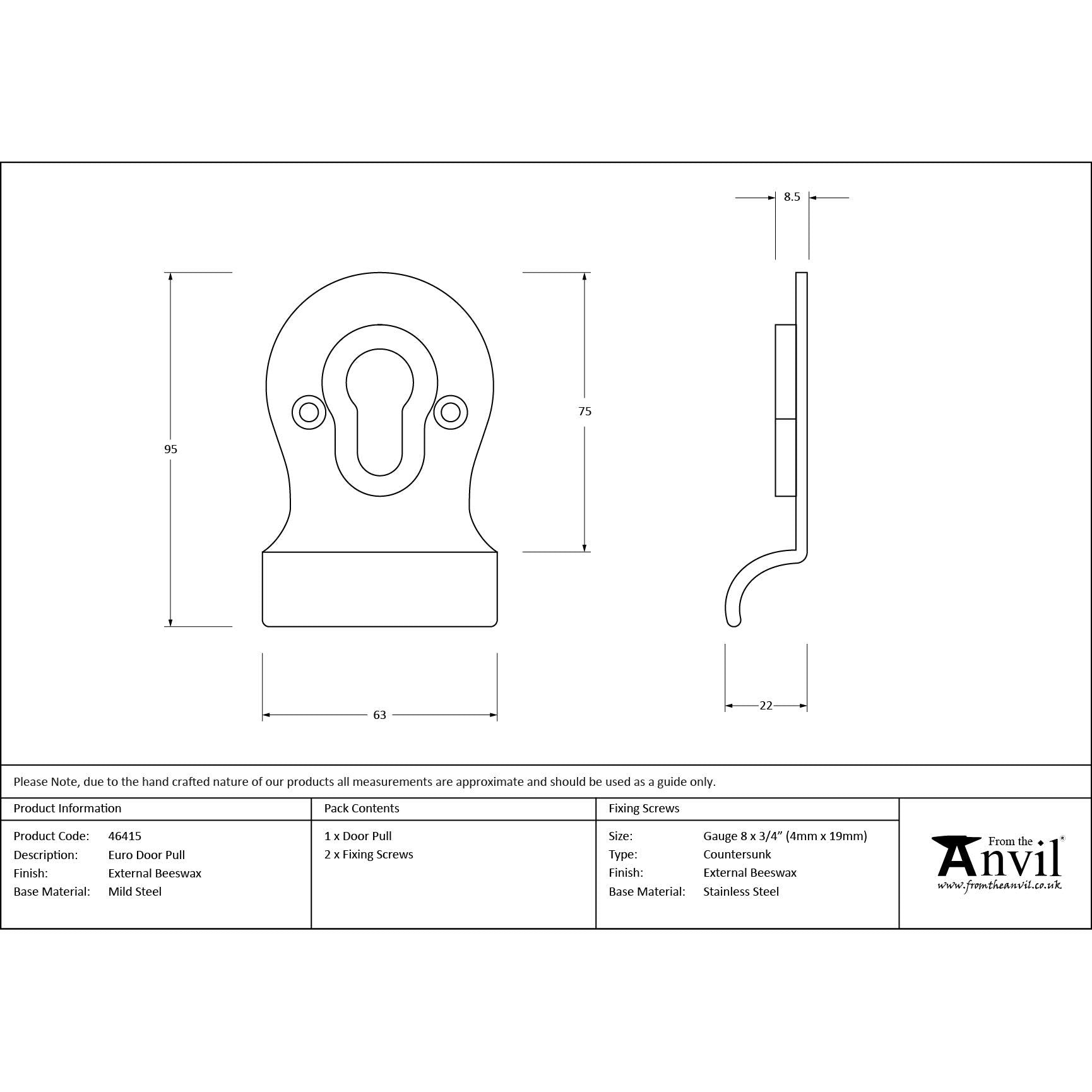 External Beeswax Euro Door Pull | From The Anvil - Euro Pulls - From The Anvil - Yester Home