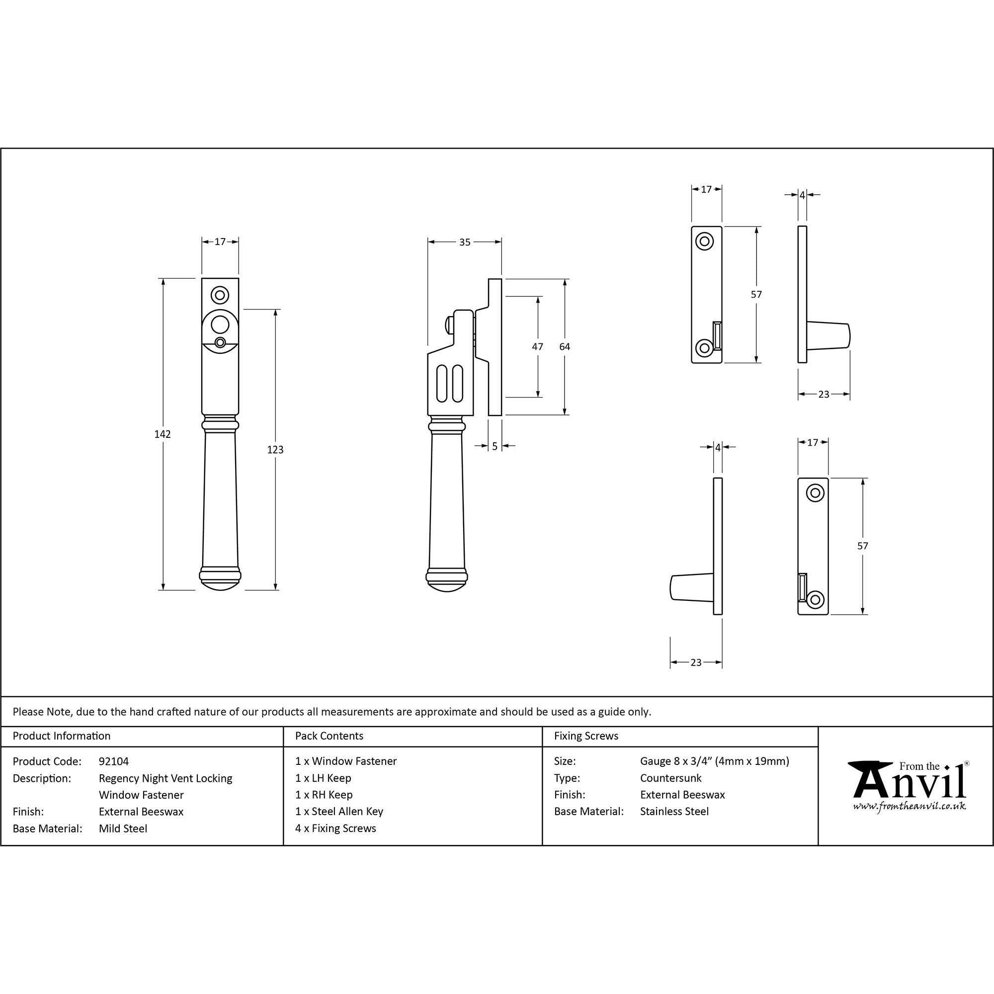 External Beeswax Locking Night-Vent Regency Fastener | From The Anvil - Night-Vent Fasteners - From The Anvil - Yester Home
