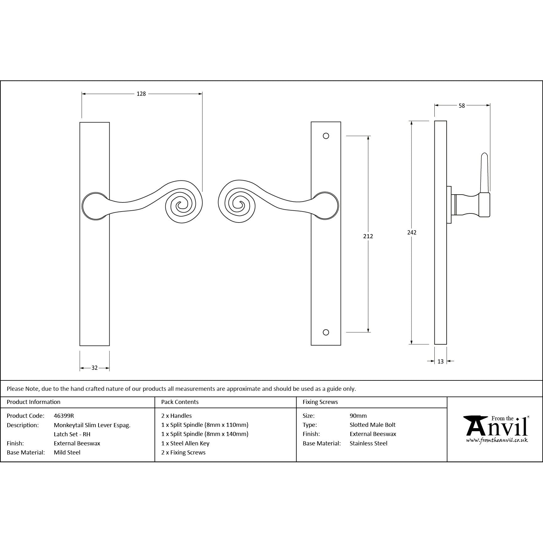 External Beeswax Monkeytail Slimline Lever Espag. Latch Set -RH | From The Anvil - Espagnolette - From The Anvil - Yester Home