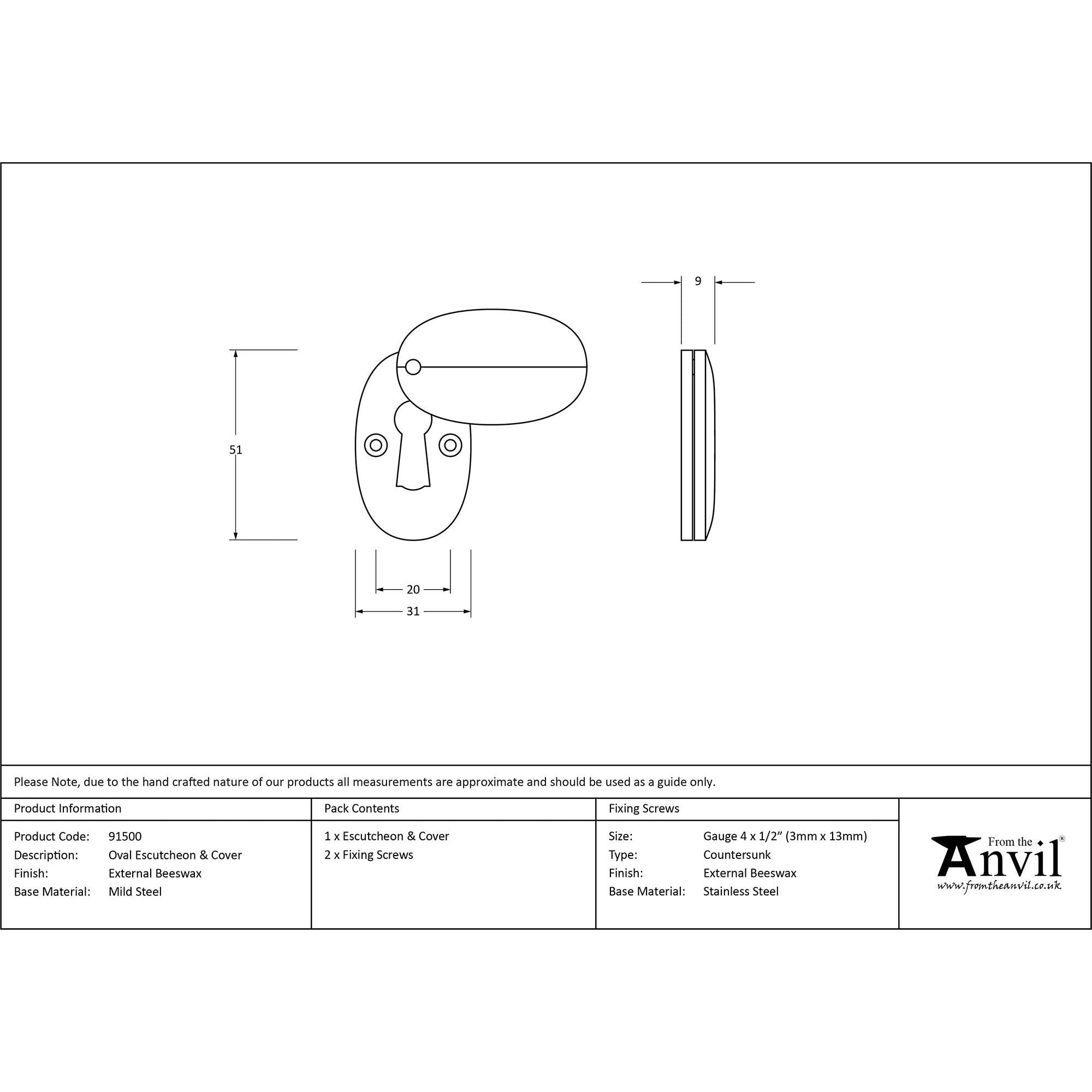 External Beeswax Oval Escutcheon & Cover | From The Anvil - Escutcheons - From The Anvil - Yester Home