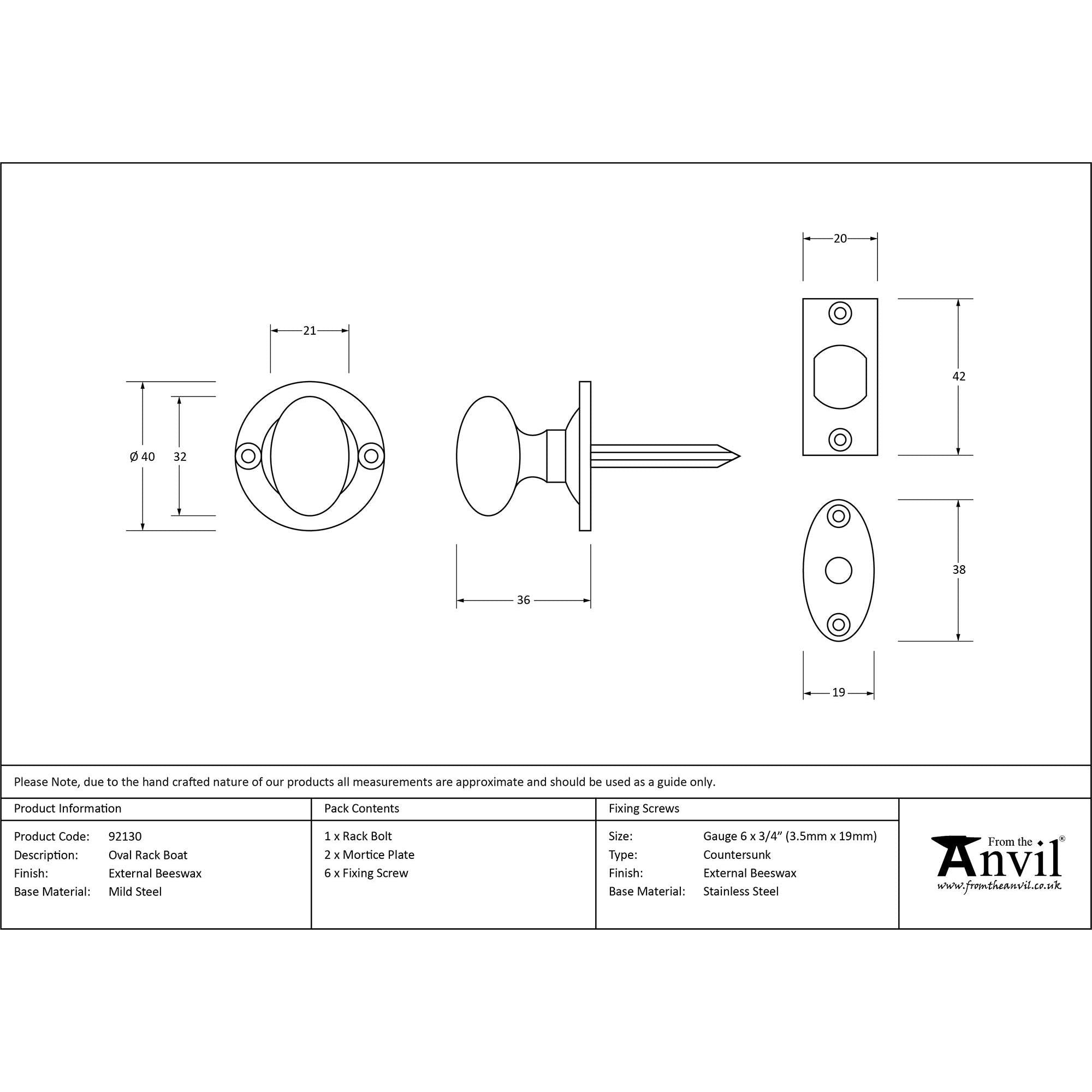 External Beeswax Oval Rack Bolt | From The Anvil - Bolts - From The Anvil - Yester Home