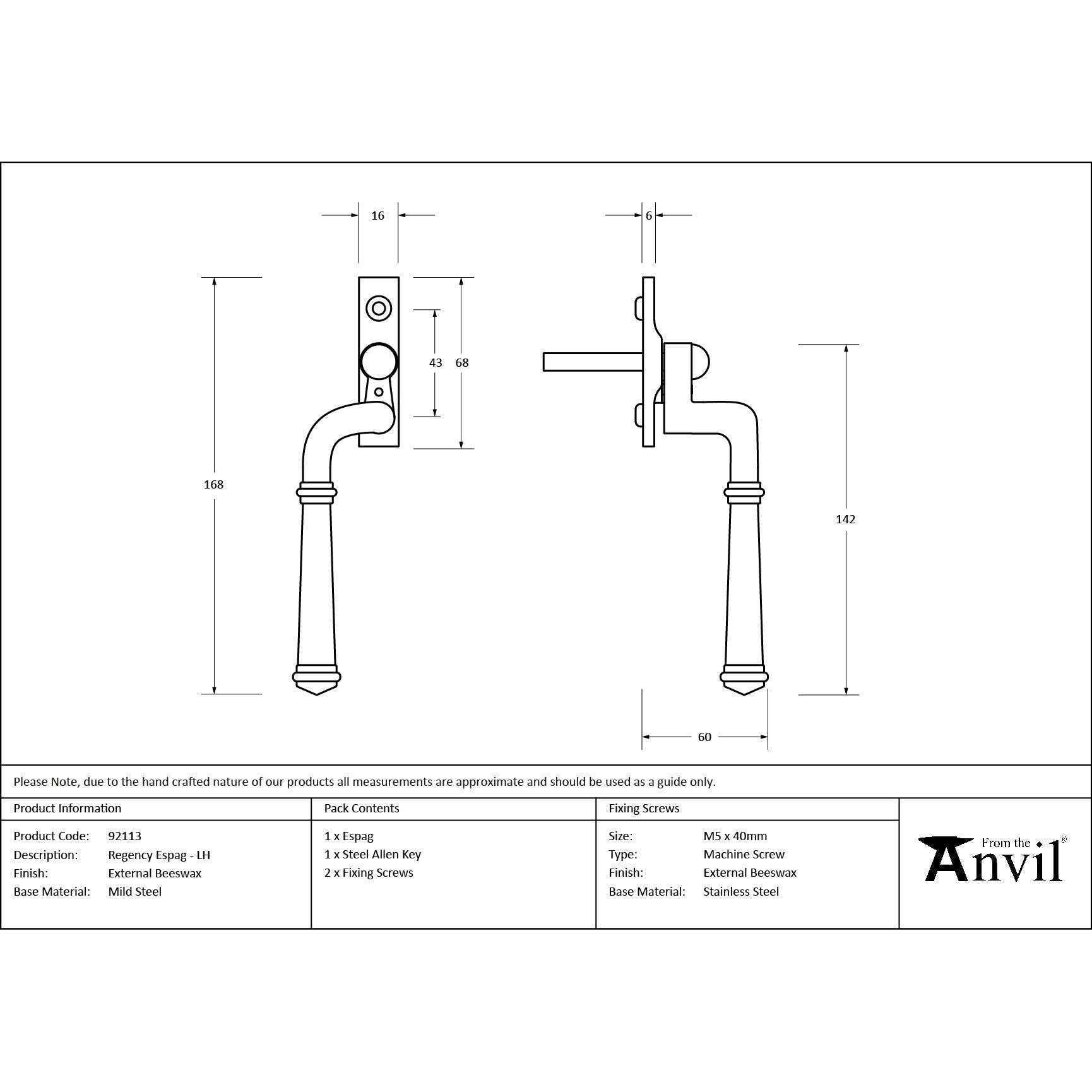External Beeswax Regency Espag - LH | From The Anvil - Espag. Fasteners - From The Anvil - Yester Home