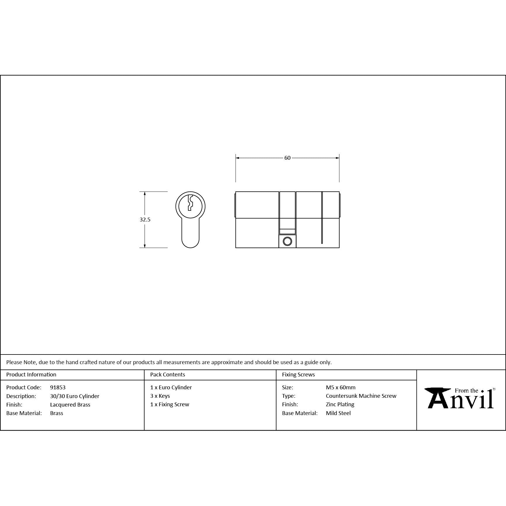 Lacquered Brass 30/30 Euro Cylinder | From The Anvil - Euro Cylinders - From The Anvil - Yester Home