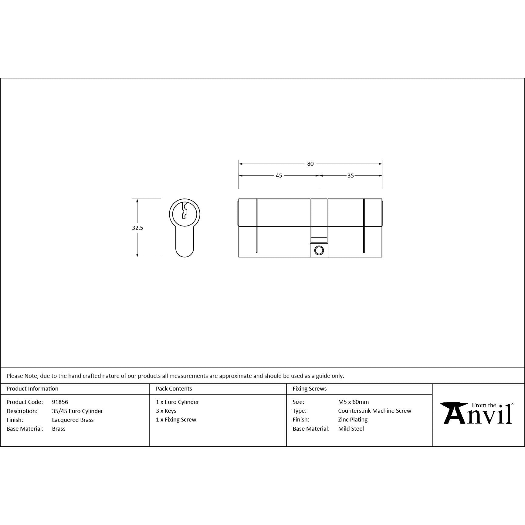 Lacquered Brass 35/45 Euro Cylinder | From The Anvil - Euro Cylinders - From The Anvil - Yester Home