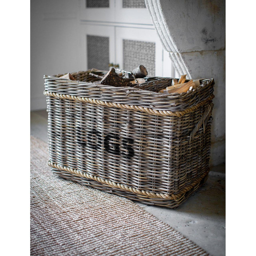 Log Basket with Rope, Rectangular - Rattan-Log Storage & Baskets-Yester Home