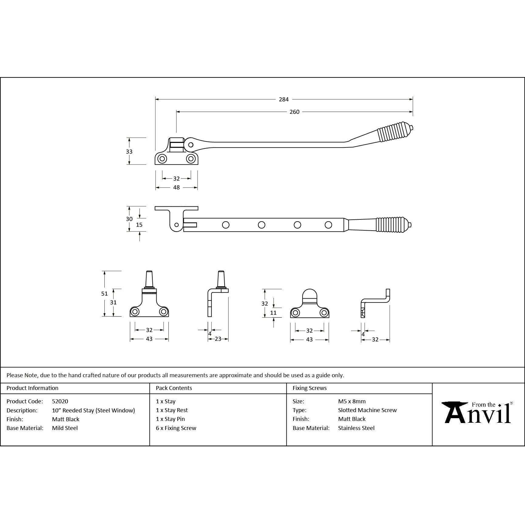 Matt Black 10" Reeded Stay (Steel Window) - Stays - From The Anvil - Yester Home