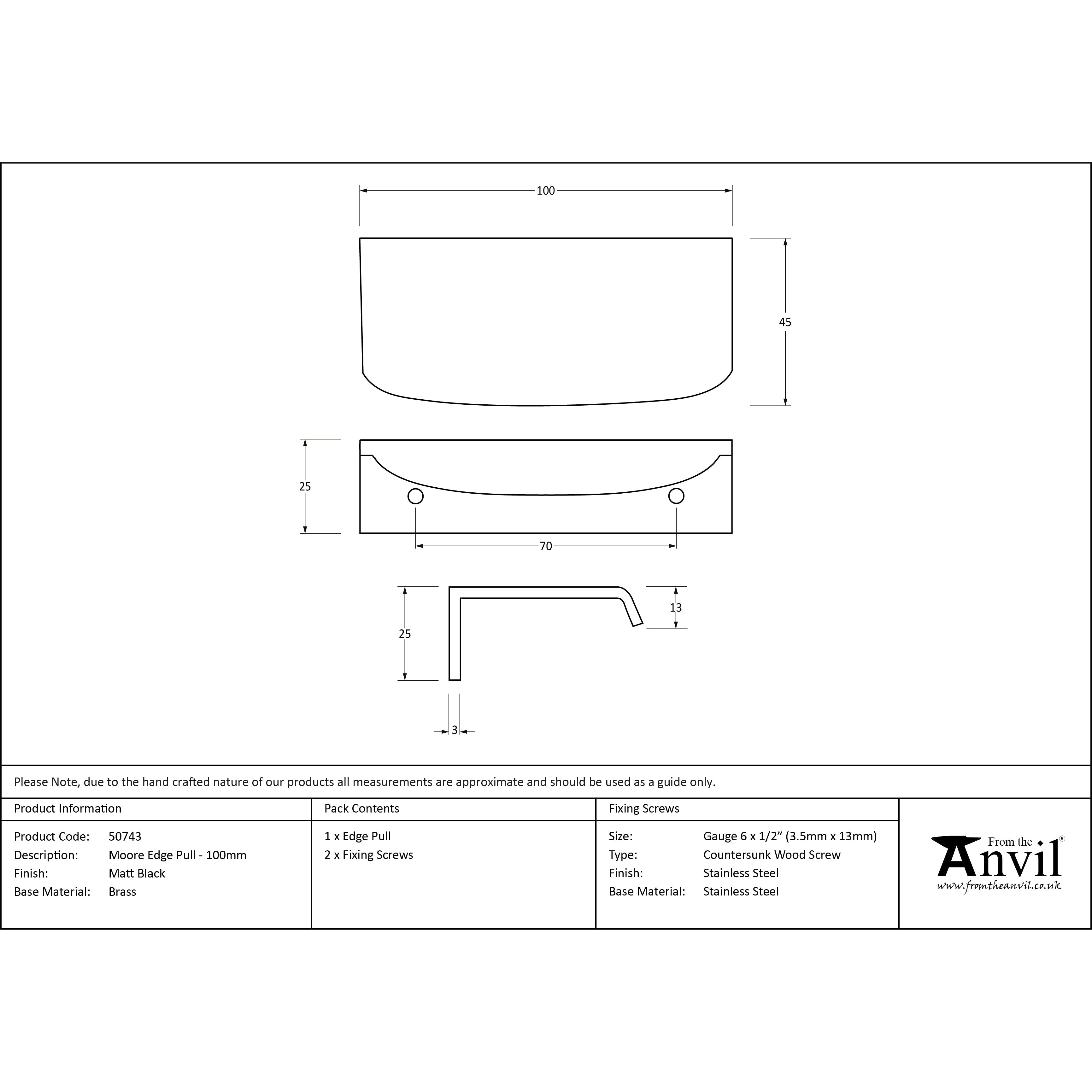 Matt Black 100mm Moore Edge Pull | From The Anvil-Cabinet Pulls-Yester Home