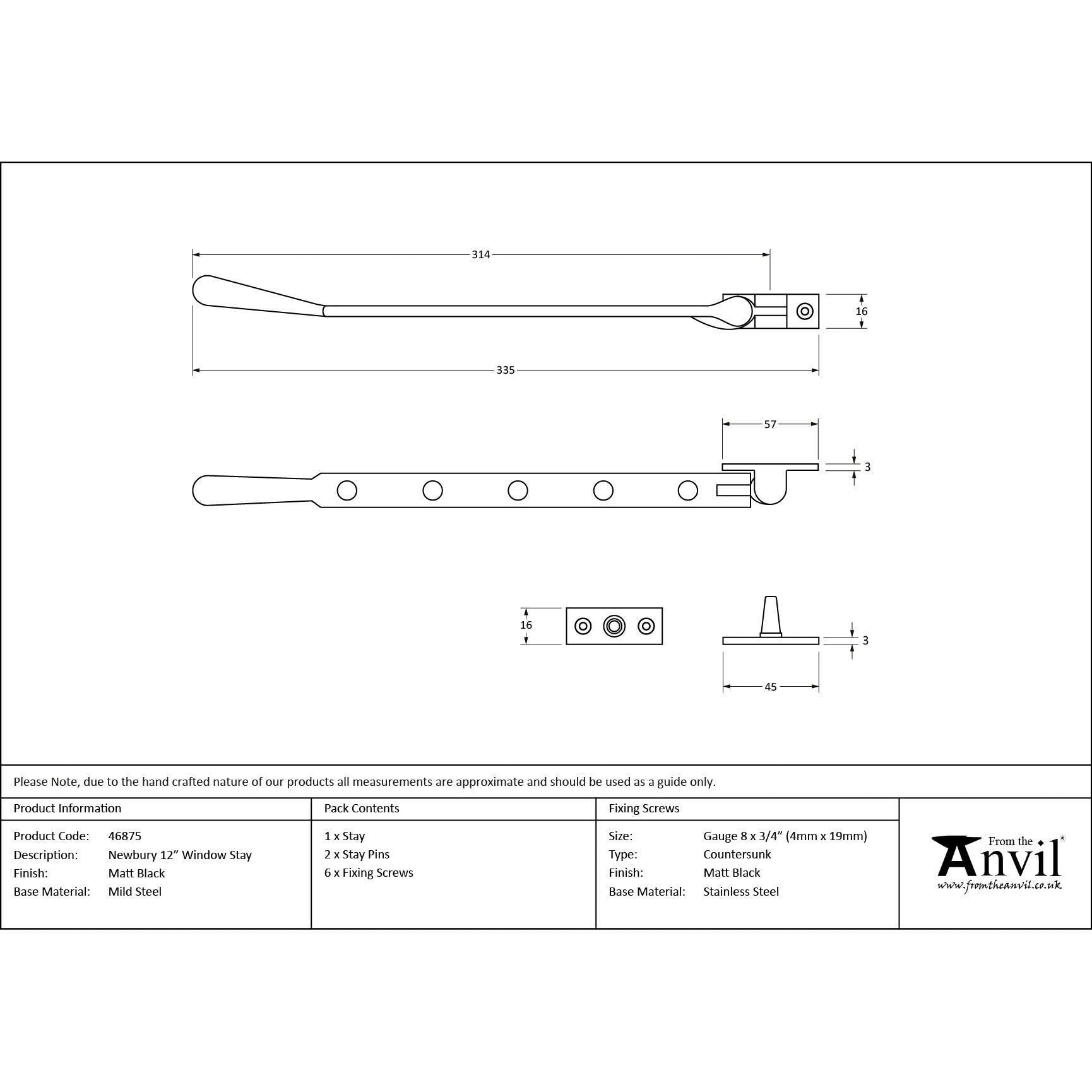 Matt Black 12" Newbury Stay | From The Anvil - Stays - From The Anvil - Yester Home