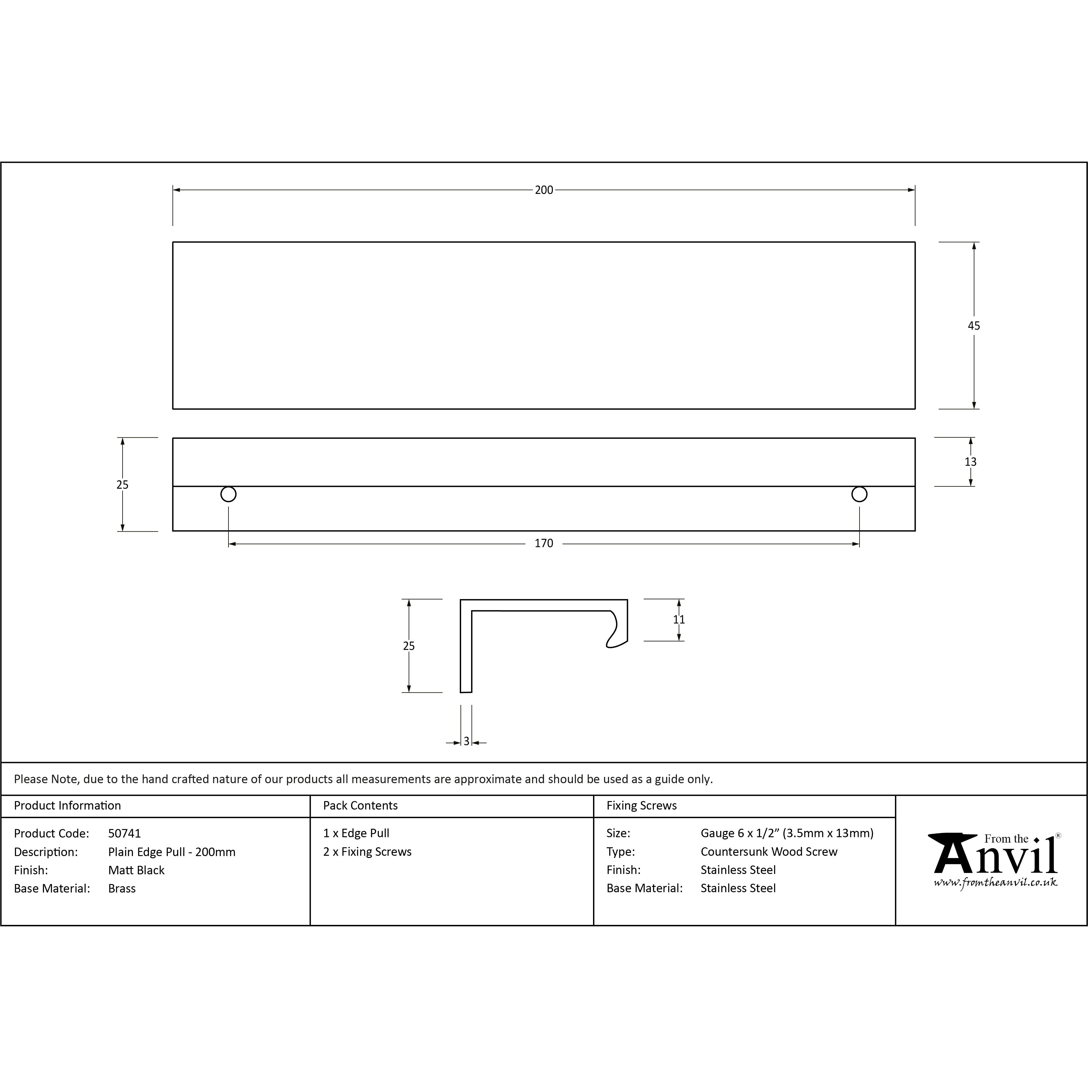 Matt Black 200mm Plain Edge Pull | From The Anvil-Cabinet Pulls-Yester Home