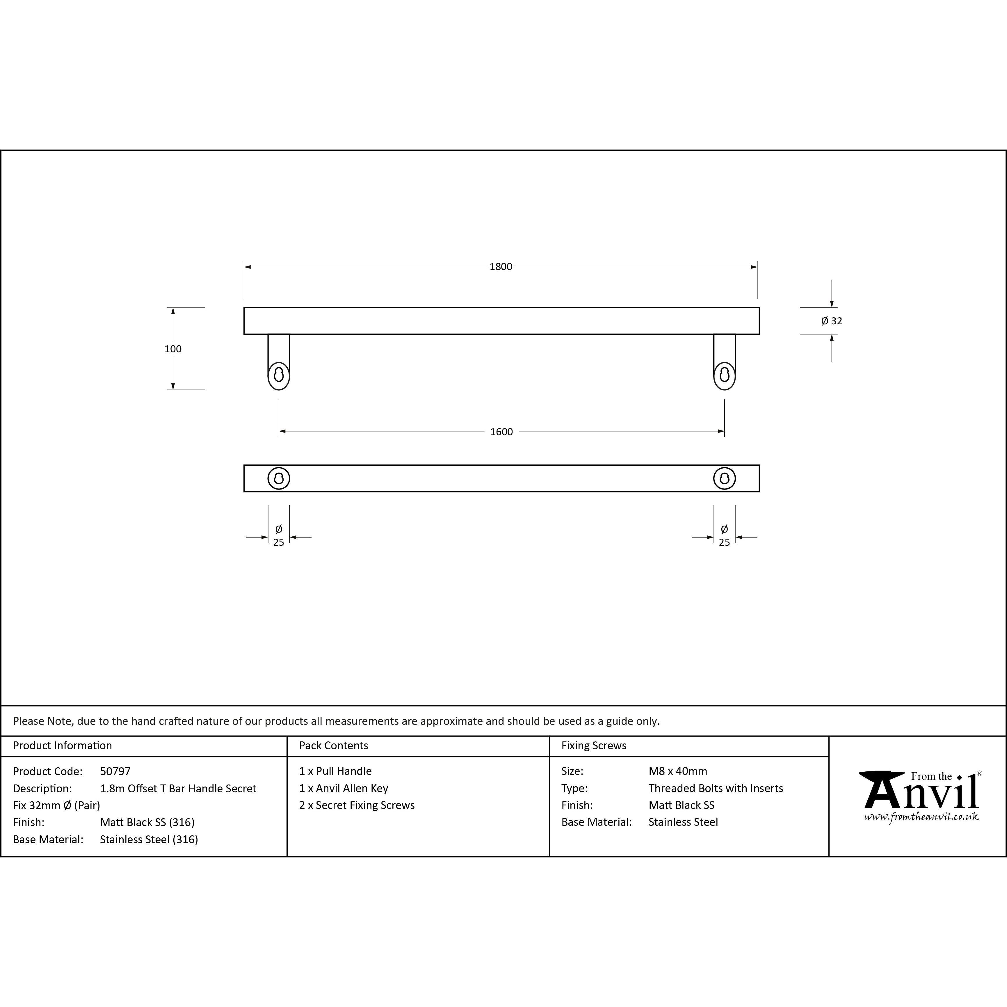 Matt Black (316) 1.8m Offset T Bar Handle Secret Fix 32mm Ø | From The Anvil-Pull Handles-Yester Home
