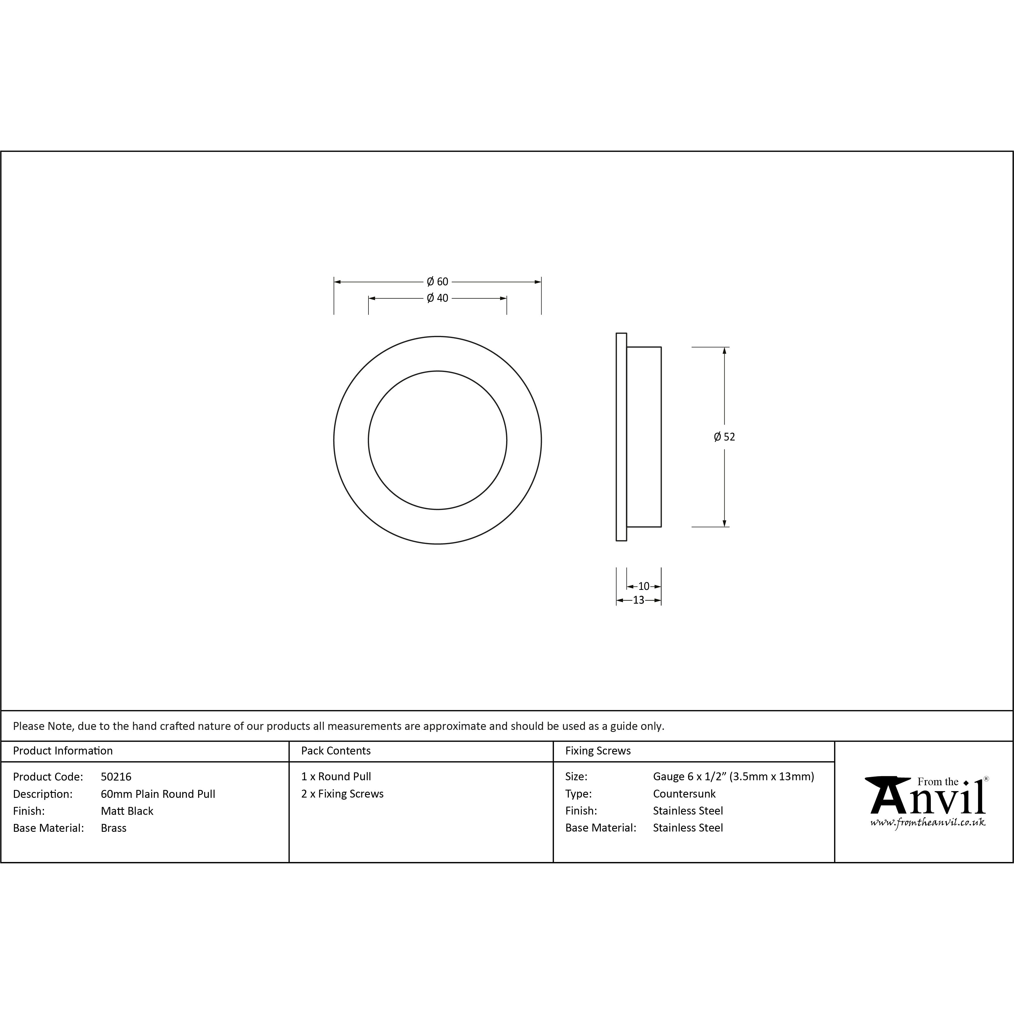 Matt Black 60mm Plain Round Pull | From The Anvil-Cabinet Pulls-Yester Home