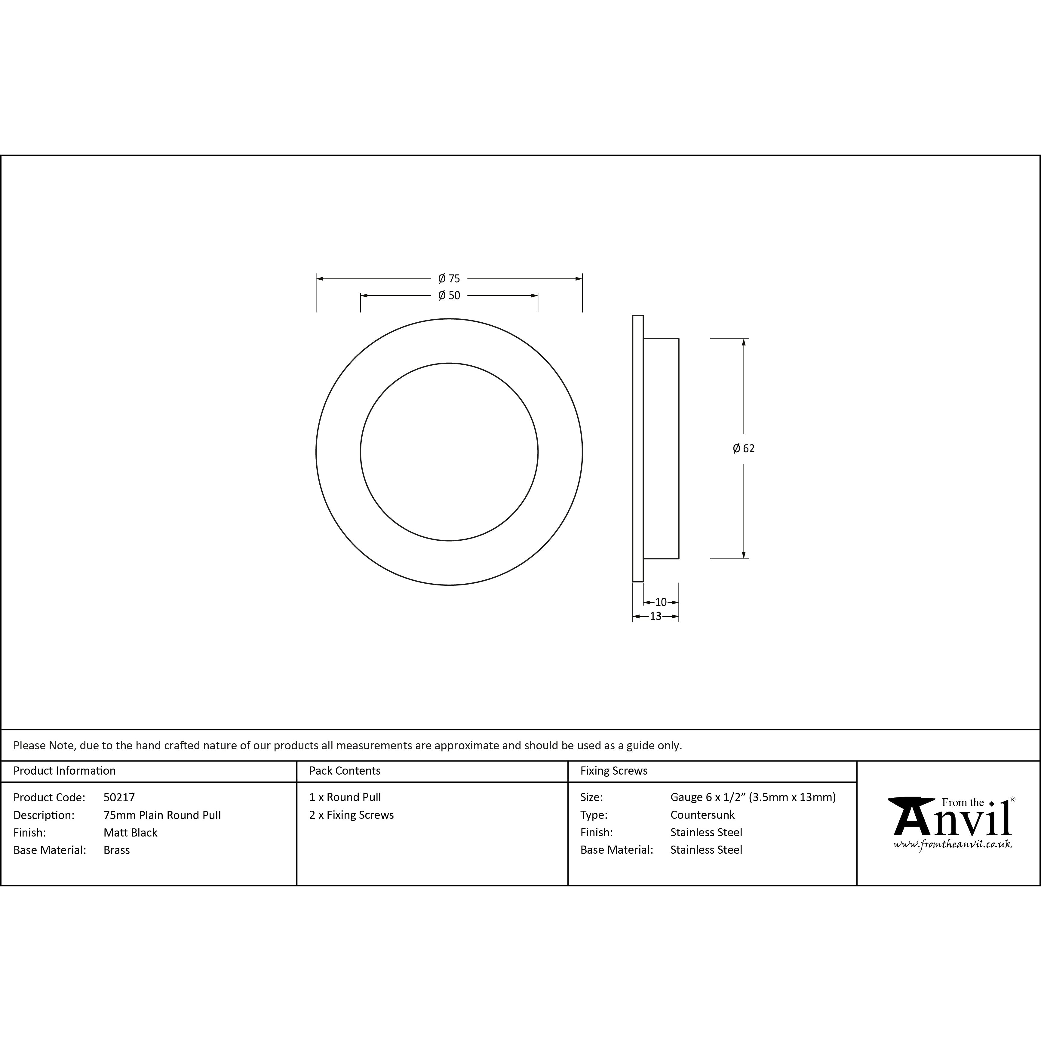 Matt Black 75mm Plain Round Pull | From The Anvil-Cabinet Pulls-Yester Home