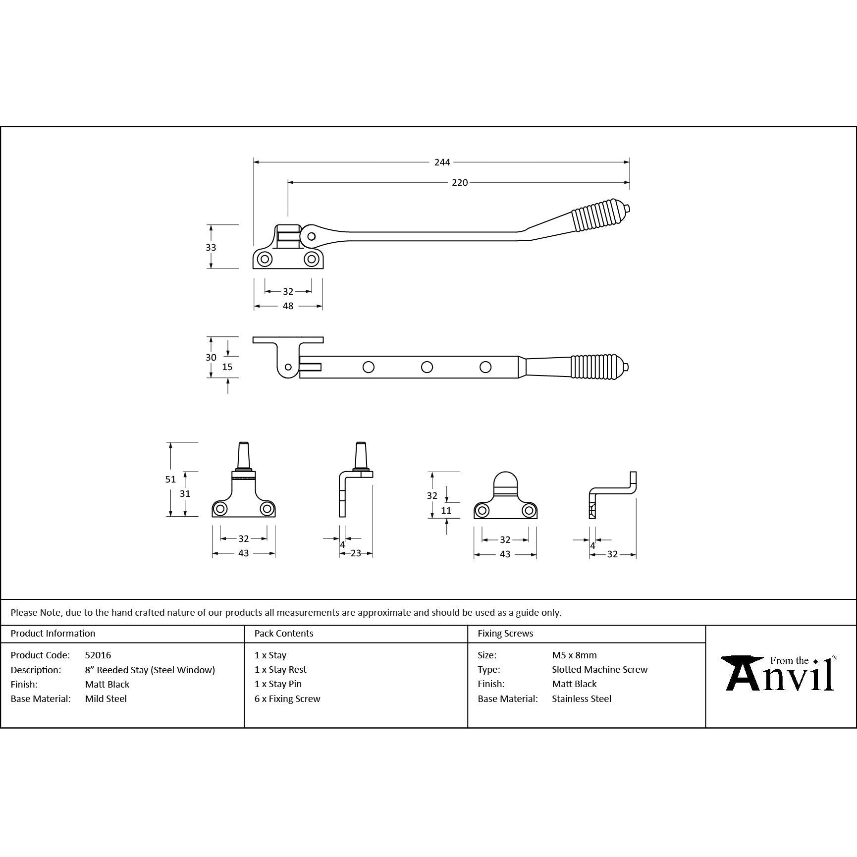Matt Black 8" Reeded Stay (Steel Window) - Stays - From The Anvil - Yester Home
