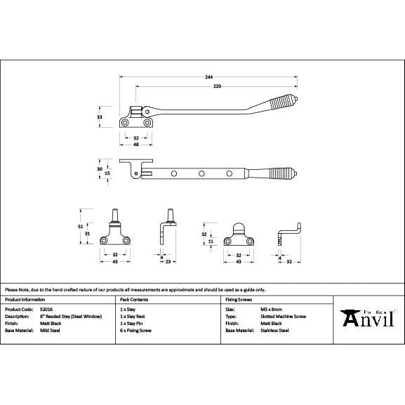 Matt Black 8" Reeded Stay (Steel Window) - Stays - From The Anvil - Yester Home