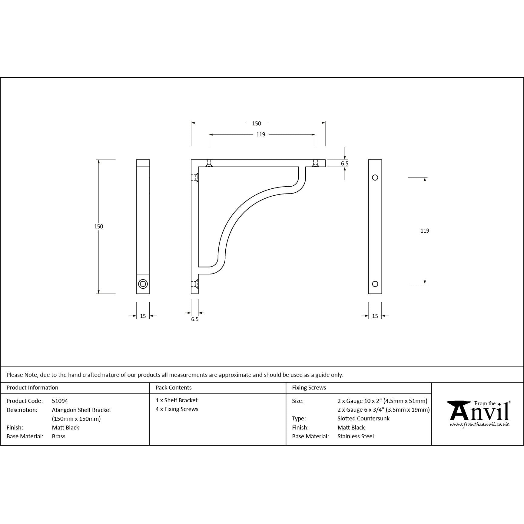 Matt Black Abingdon Shelf Bracket (150mm x 150mm) | From The Anvil - Shelf Brackets - From The Anvil - Yester Home
