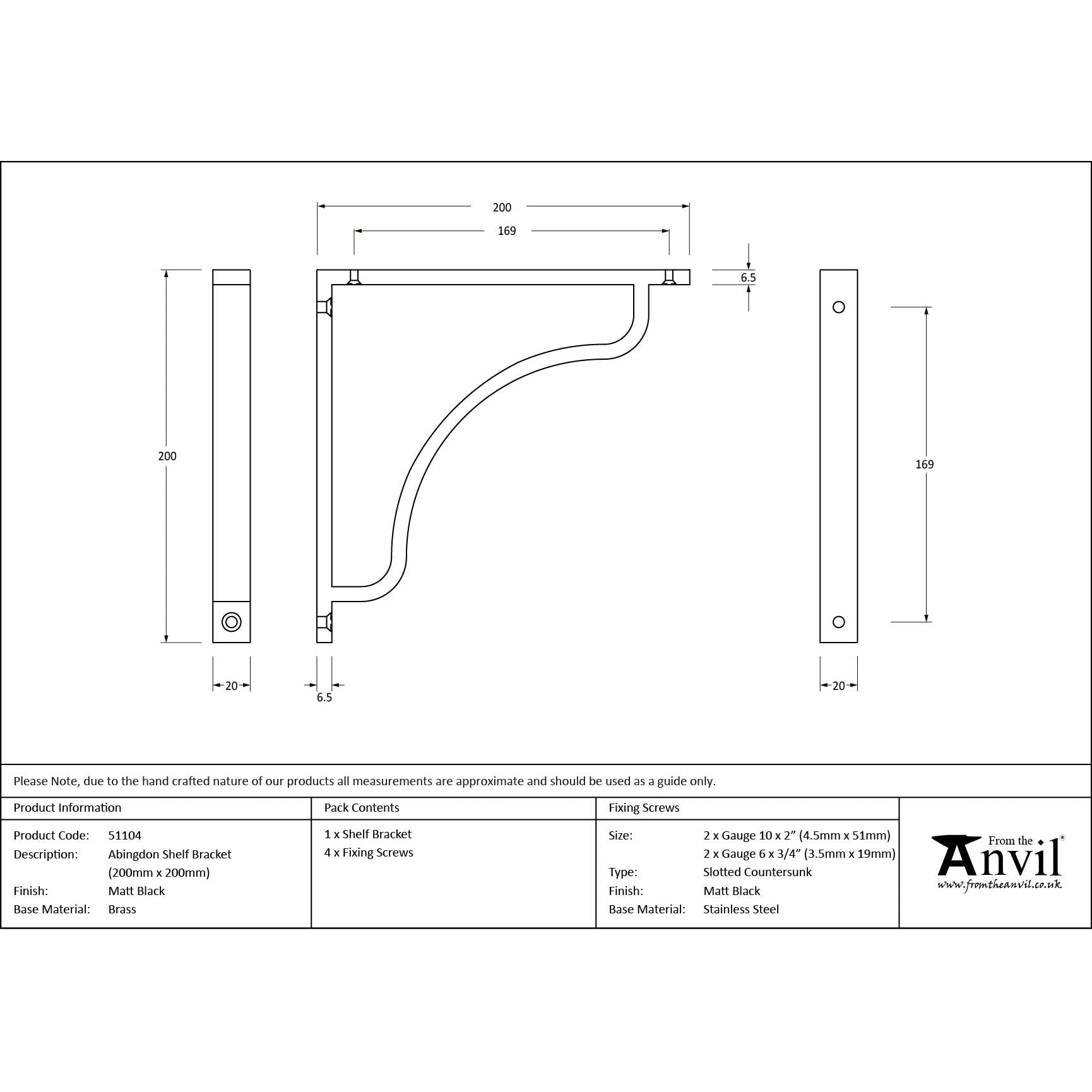 Matt Black Abingdon Shelf Bracket (200mm x 200mm) | From The Anvil - Shelf Brackets - From The Anvil - Yester Home