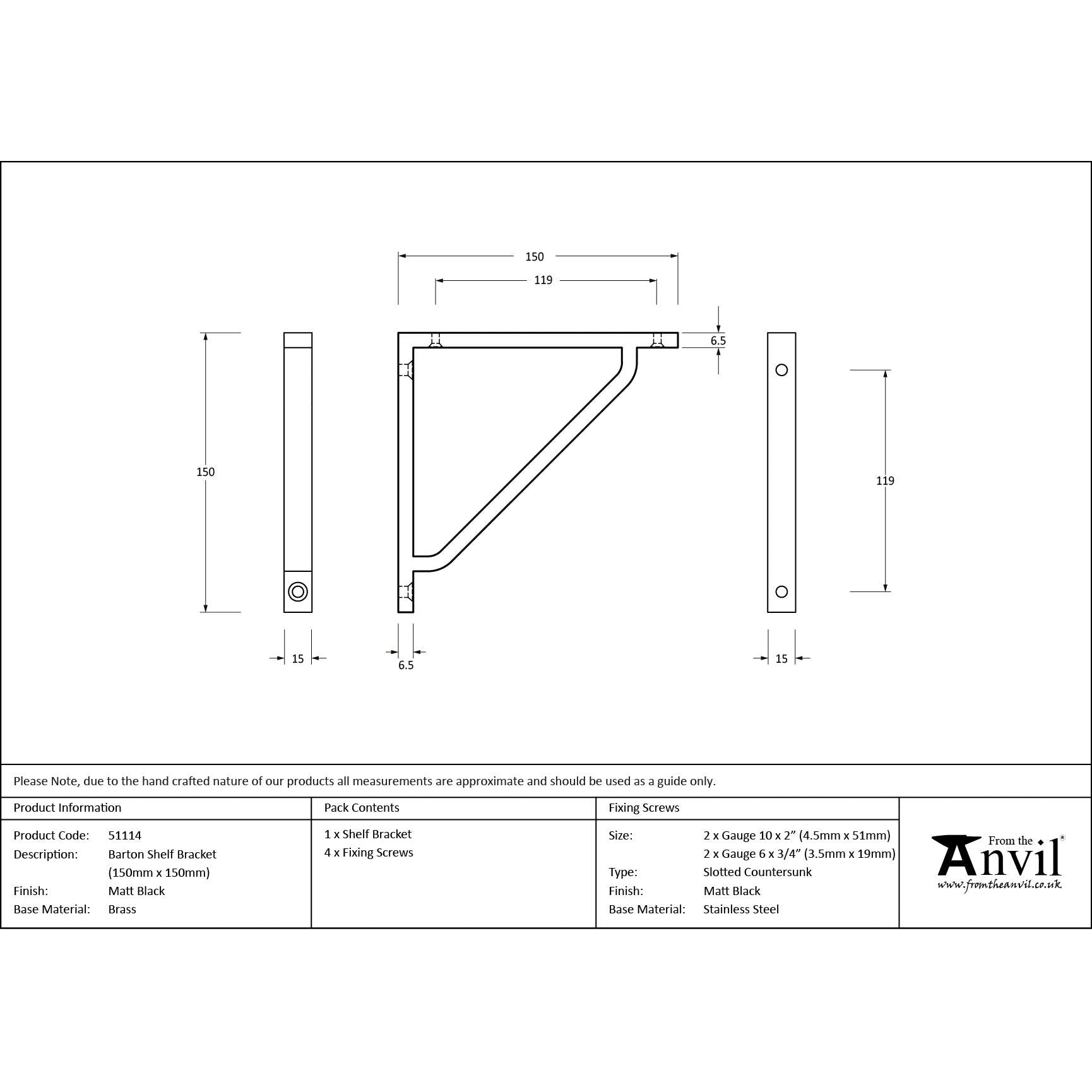Matt Black Barton Shelf Bracket (150mm x 150mm) | From The Anvil - Shelf Brackets - From The Anvil - Yester Home
