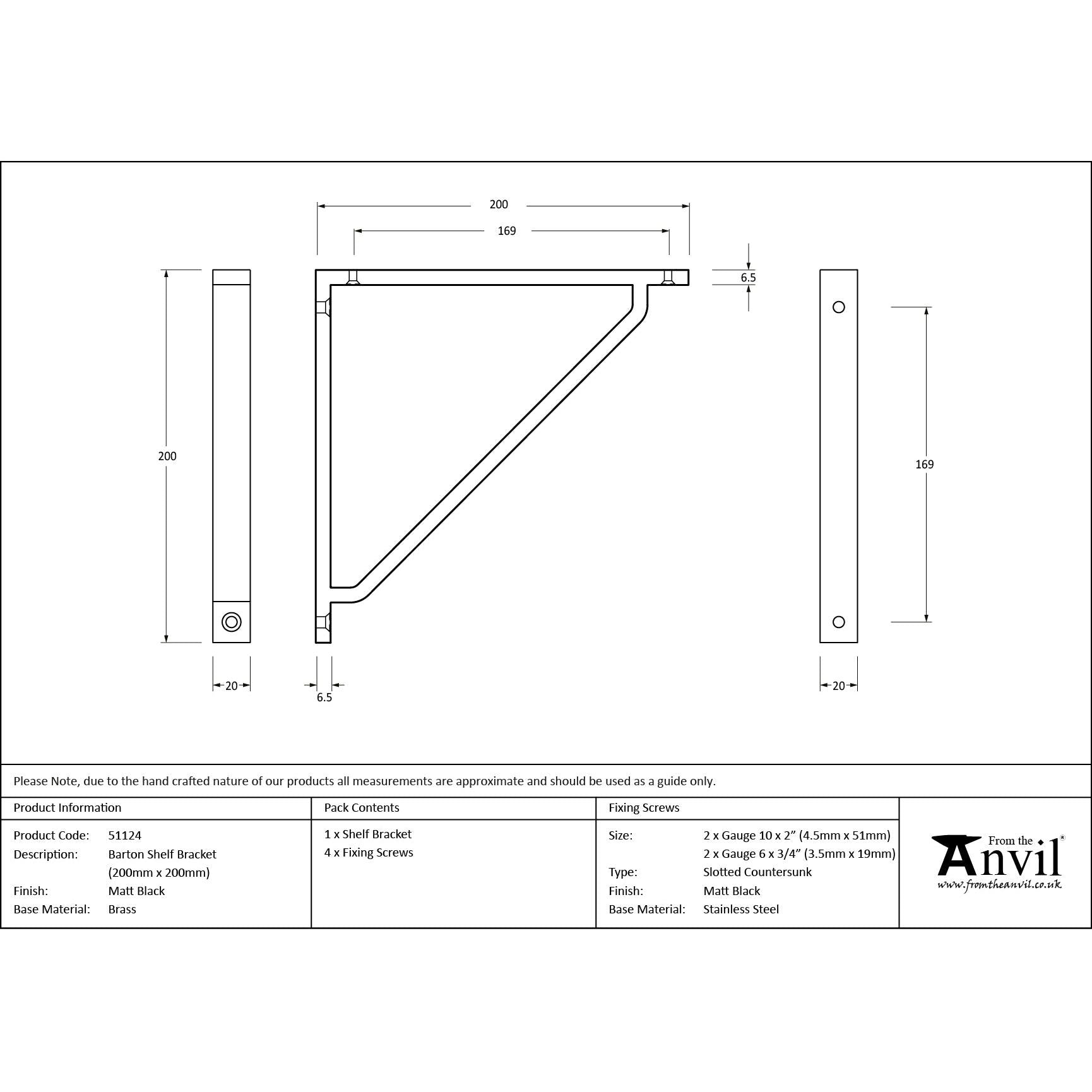 Matt Black Barton Shelf Bracket (200mm x 200mm) | From The Anvil - Shelf Brackets - From The Anvil - Yester Home