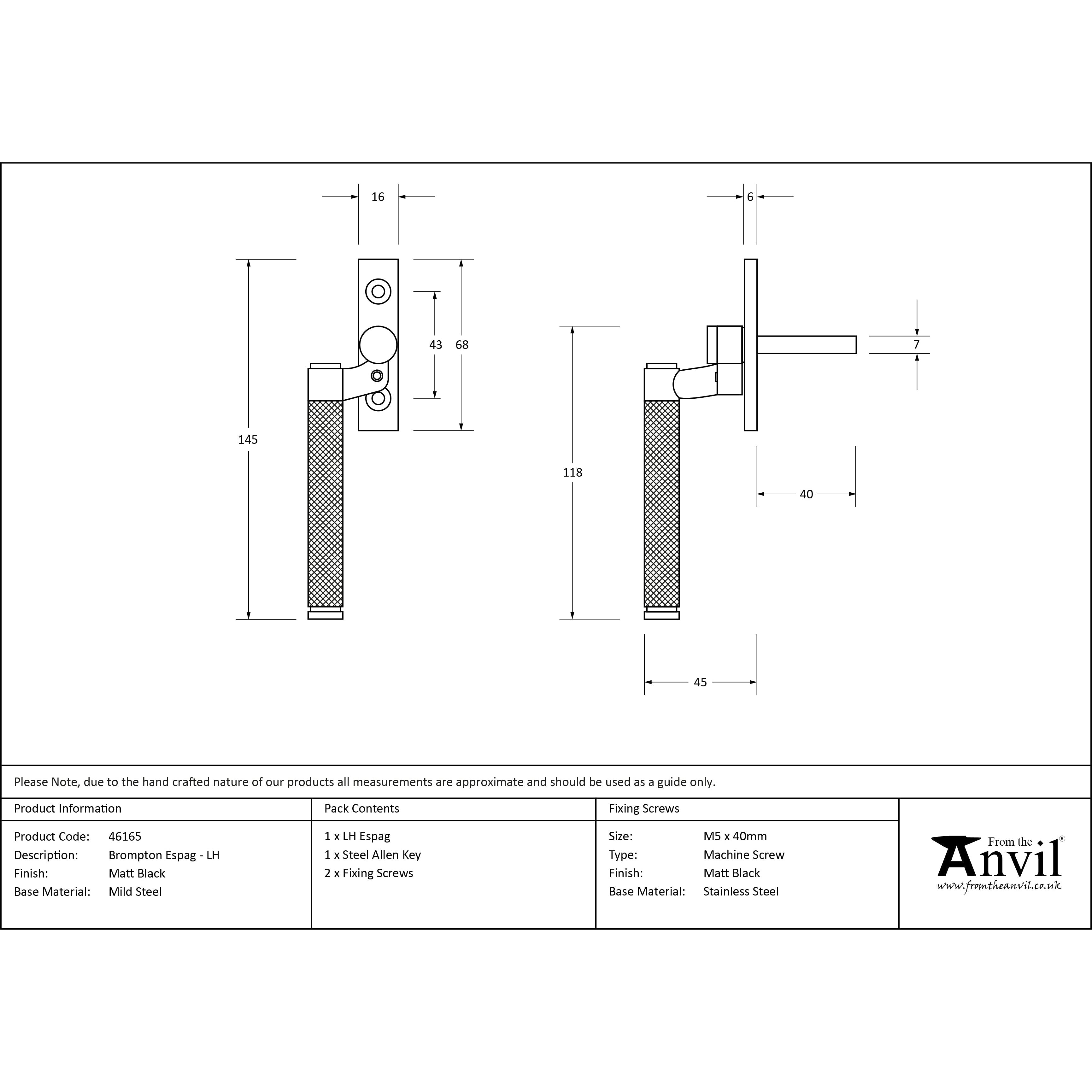 Matt Black Brompton Espag - LH | From The Anvil-Espag. Fasteners-Yester Home