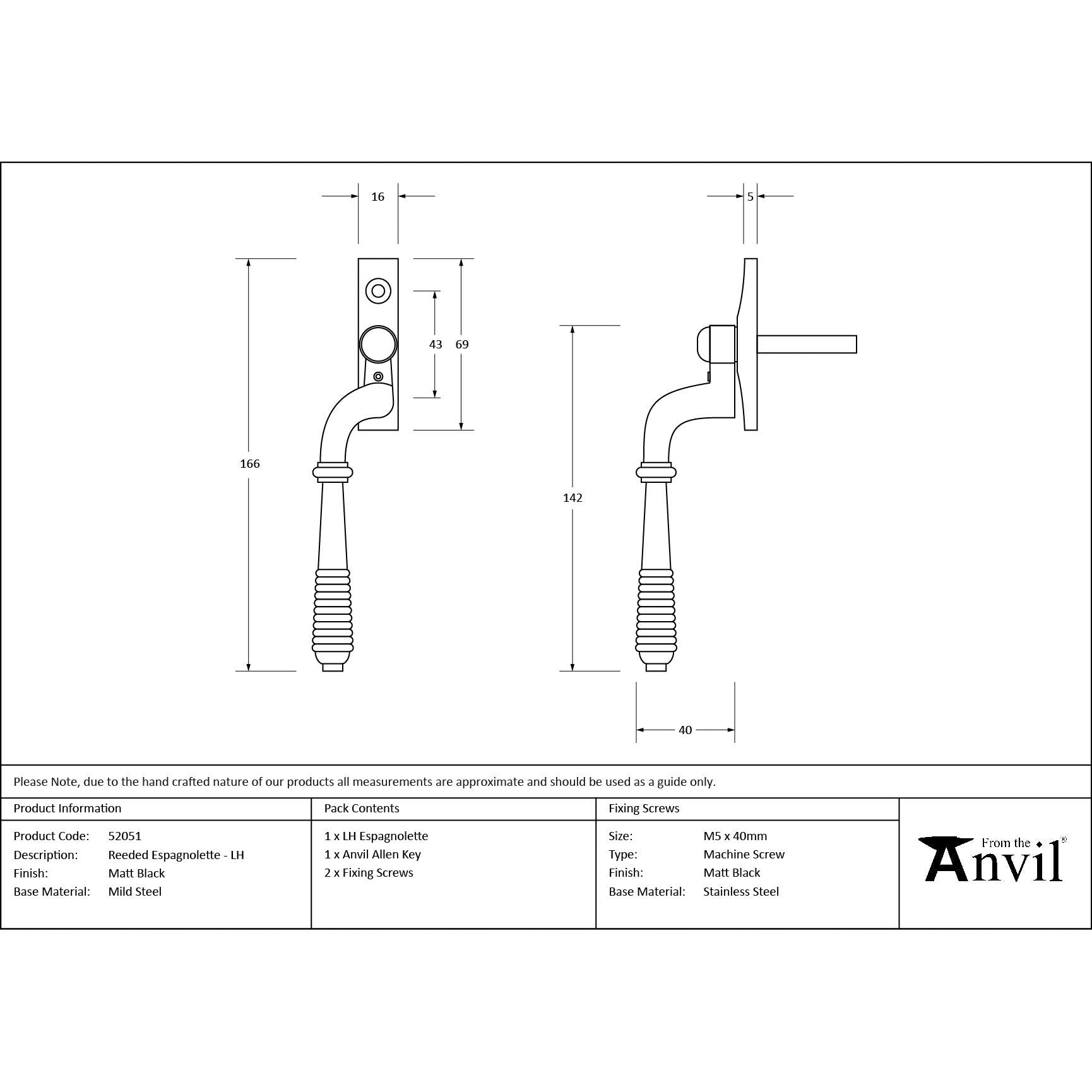 Matt Black Reeded Espag - LH - Espag. Fasteners - From The Anvil - Yester Home
