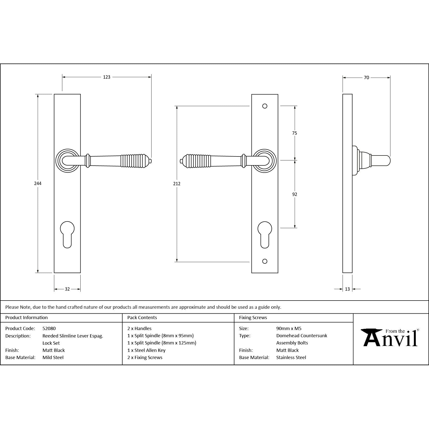 Matt Black Reeded Slimline Lever Espag. Lock Set - Espagnolette - From The Anvil - Yester Home