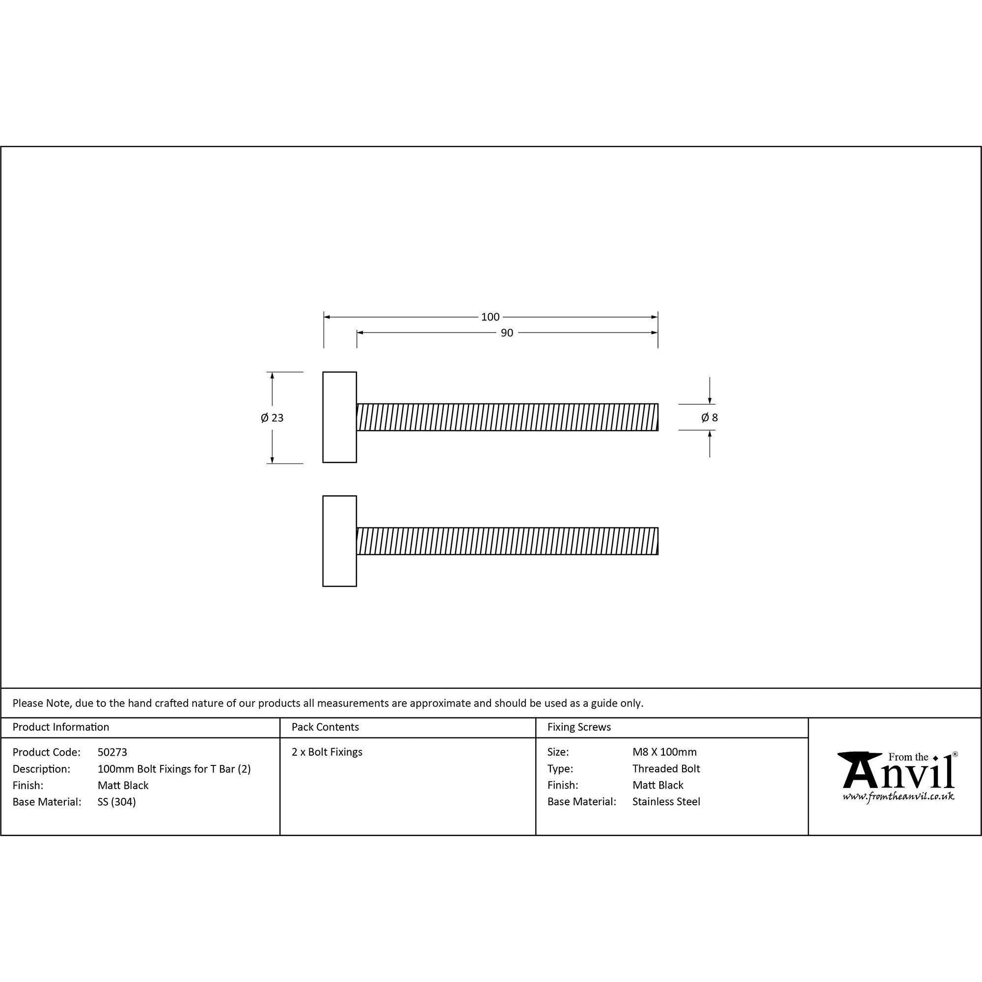 Matt Black SS (304) 100mm Bolt Fixings for T Bar (2) | From The Anvil - Door Pull Handles - From The Anvil - Yester Home