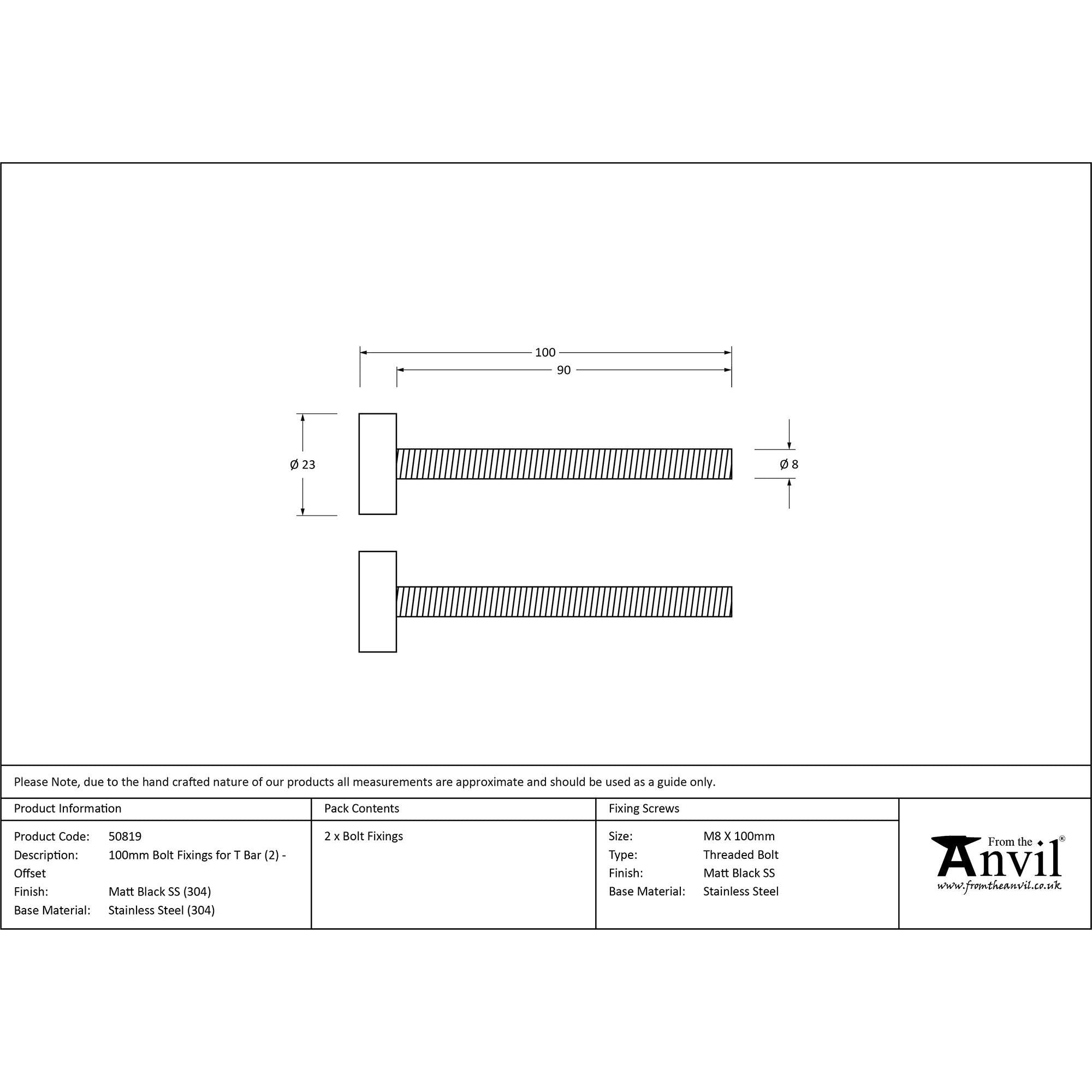 Matt Black SS (304) 100mm Bolt Fixings for T Bar (2) - Offset | From The Anvil - Door Pull Handles - From The Anvil - Yester Home